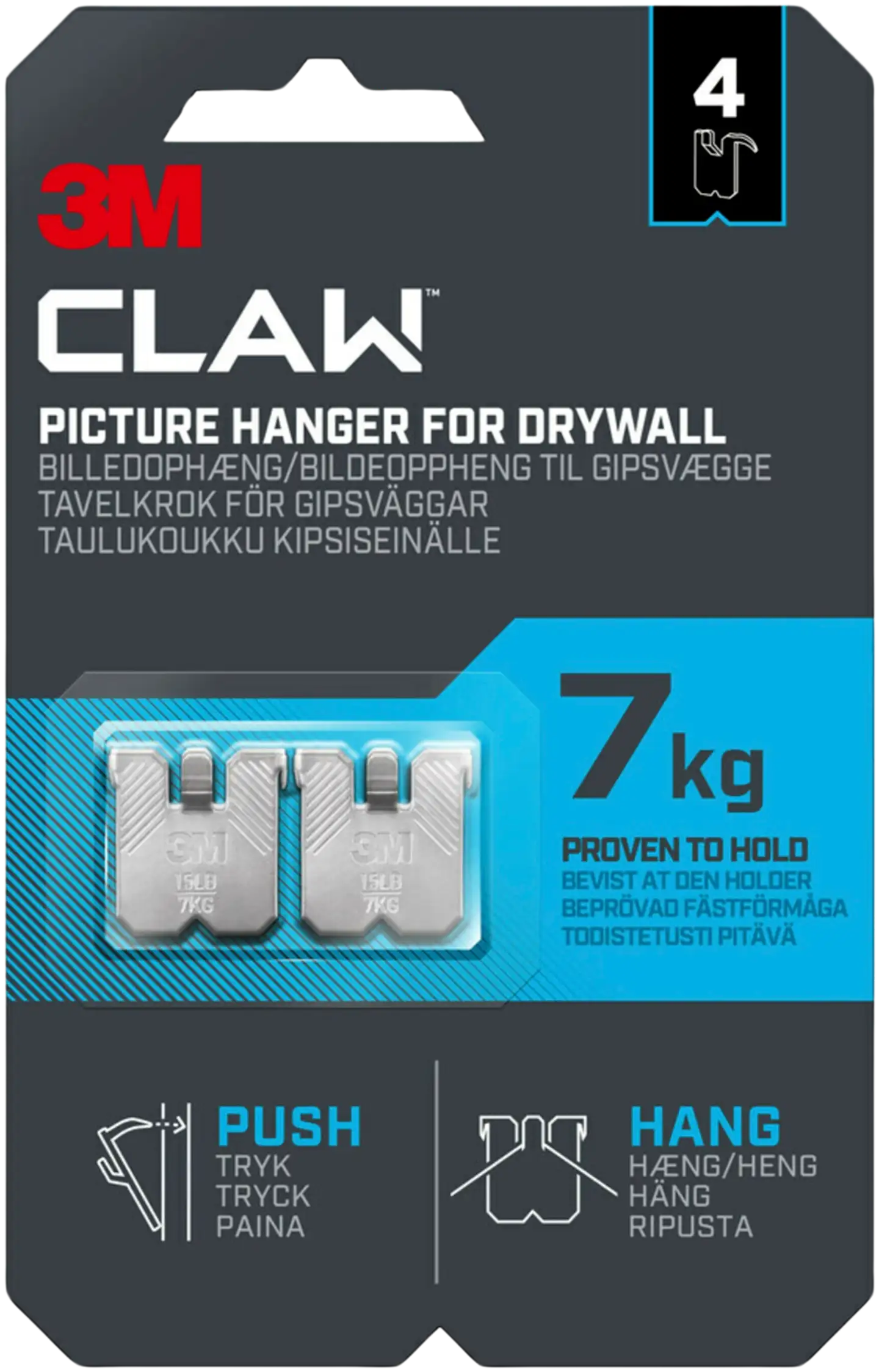 3M CLAW™-taulukoukku kipsilevylle, 7 kg 3PH7-4UKN, 4 ripustuskoukkua - 1