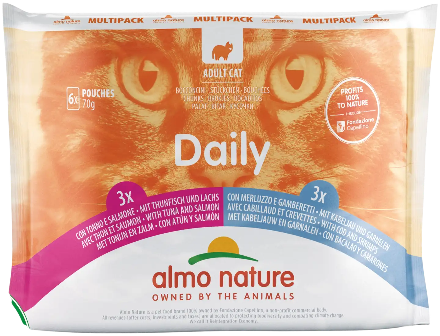 Almo Nature Daily monipakkaus tonnikala-lohi & turska-katkarapu 6 x 70 g - 2