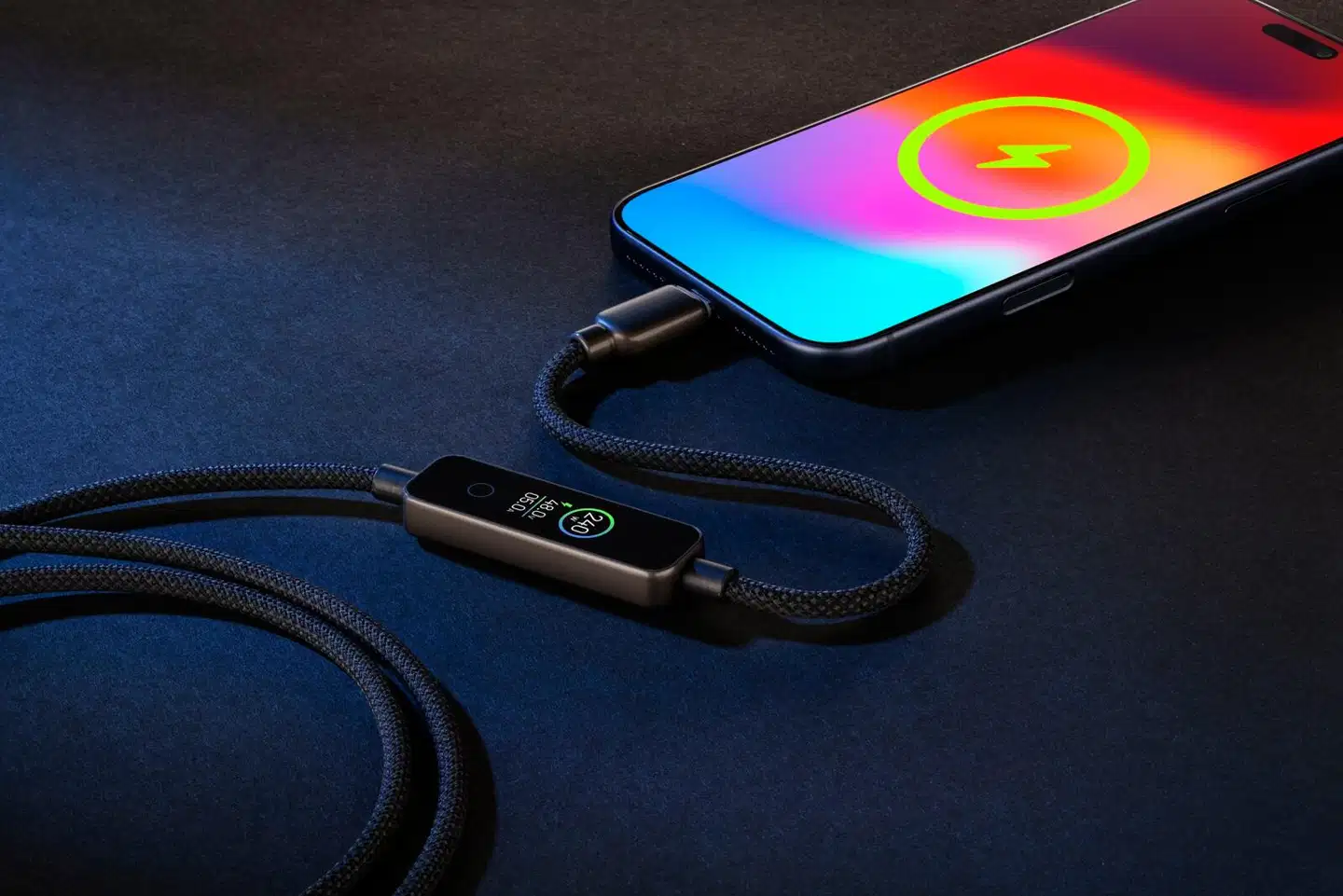Cellularline Powerview IQ 240W - 120 cm lataus- ja datakaapeli älykkäällä TFT-näytöllä, USB-C - 3