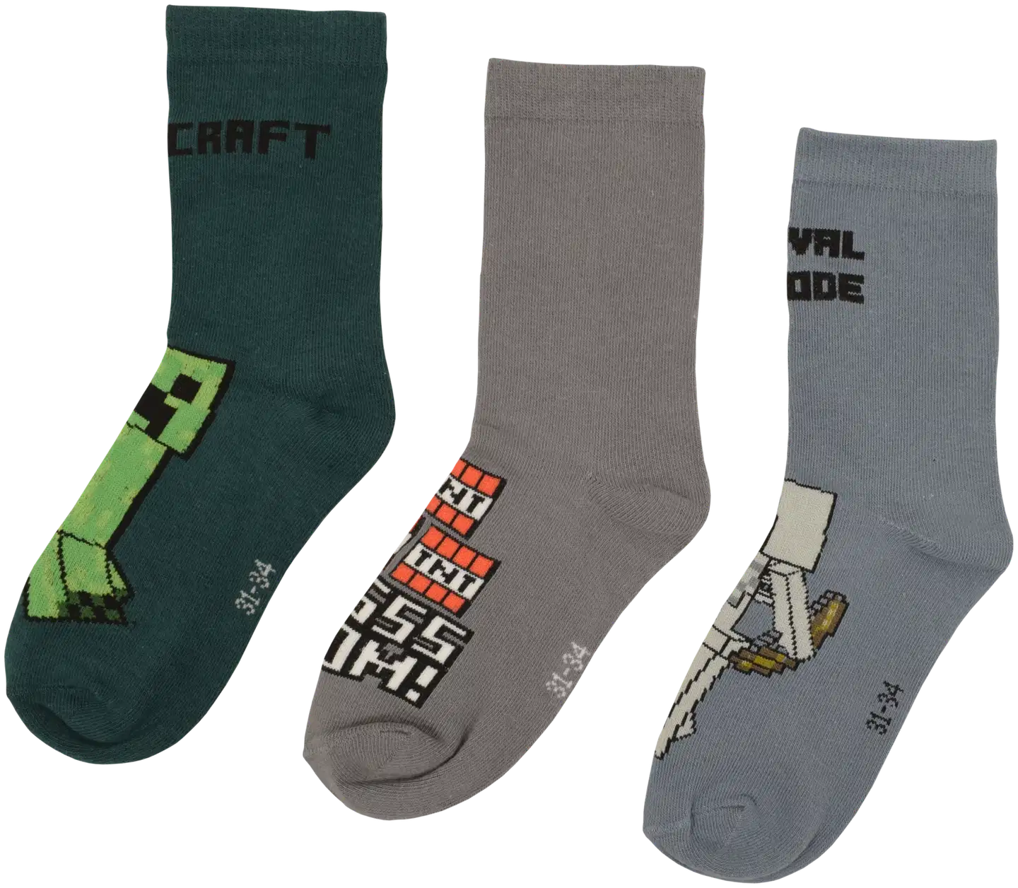 Minecraft lasten sukat 3-pack MNCT-0597 - Sininen/harmaa/vihreä