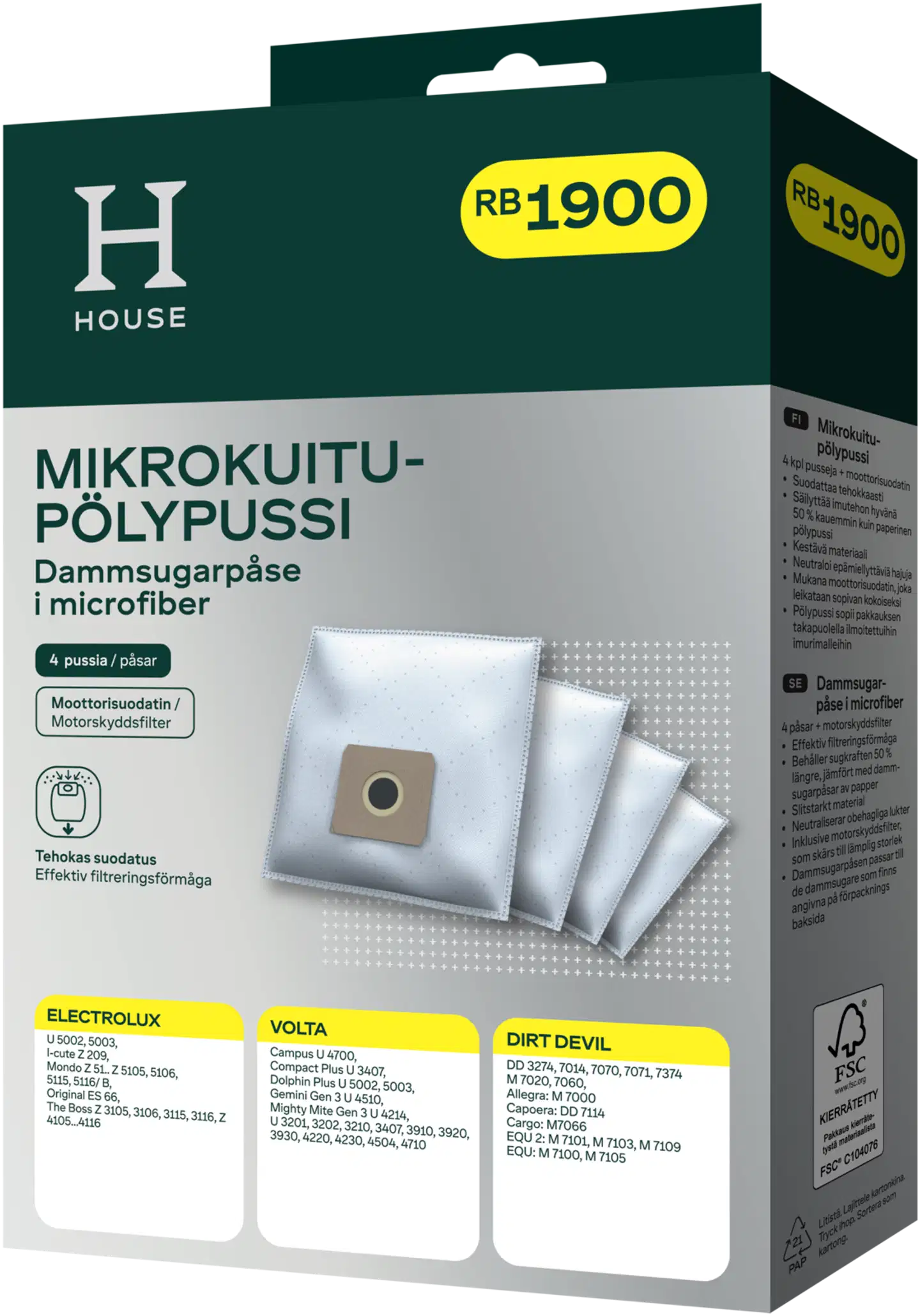House RB1900 pölypussi 4 kpl + moottorisuodatin - 1