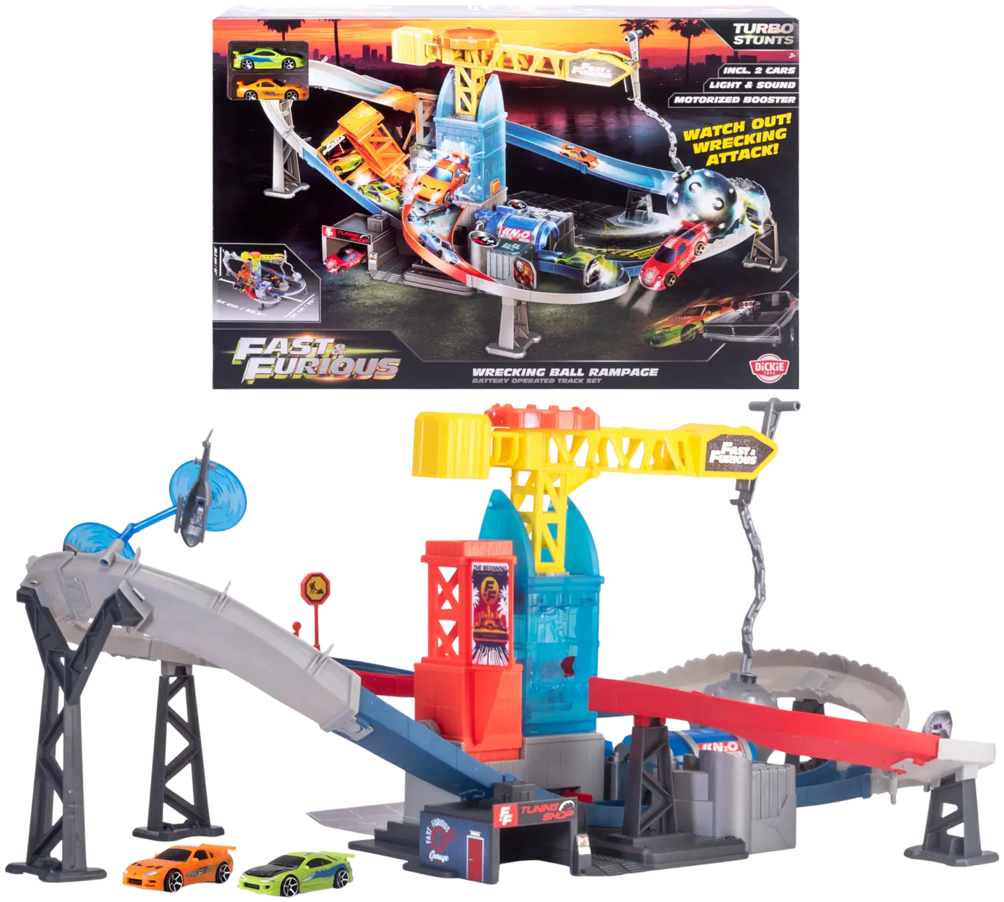 Dickie Toys - Fast & Furious Wrecking Ball Rampage, autorata ja leikkisetti, 2 die-cast ajoneuvoa, valo- ja äänitoiminto, moottoroitu