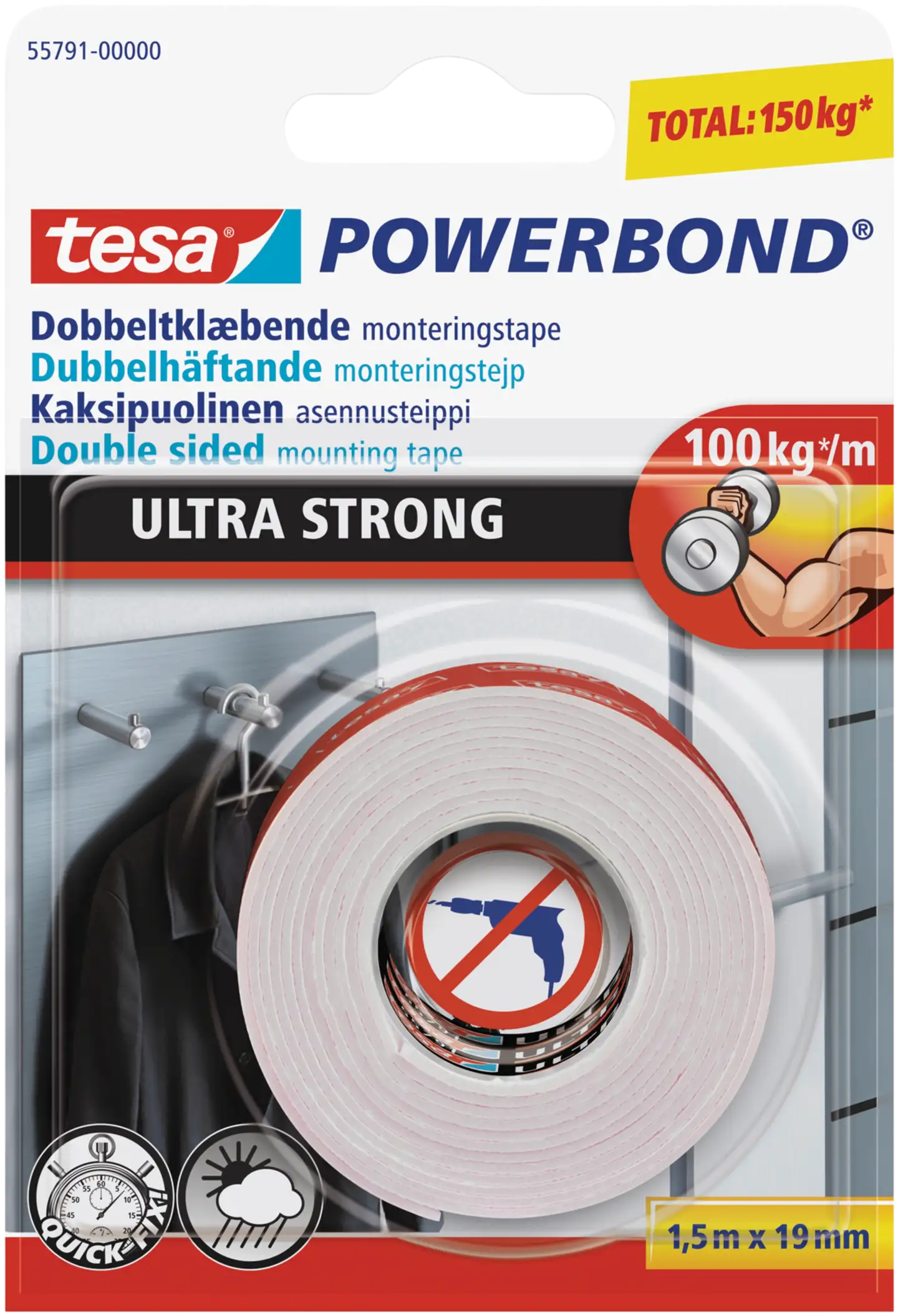 Tesa kaksipuolinen asennusteippi Powerbond Ultra Strong 1,5 m x 19 mm