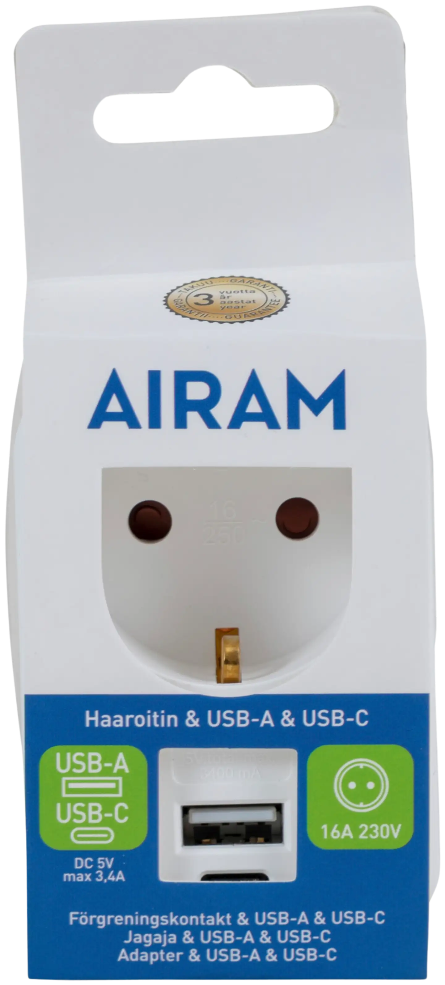 Airam USB adapteri 1xUSB 1xUSB-C 3,4A - 2