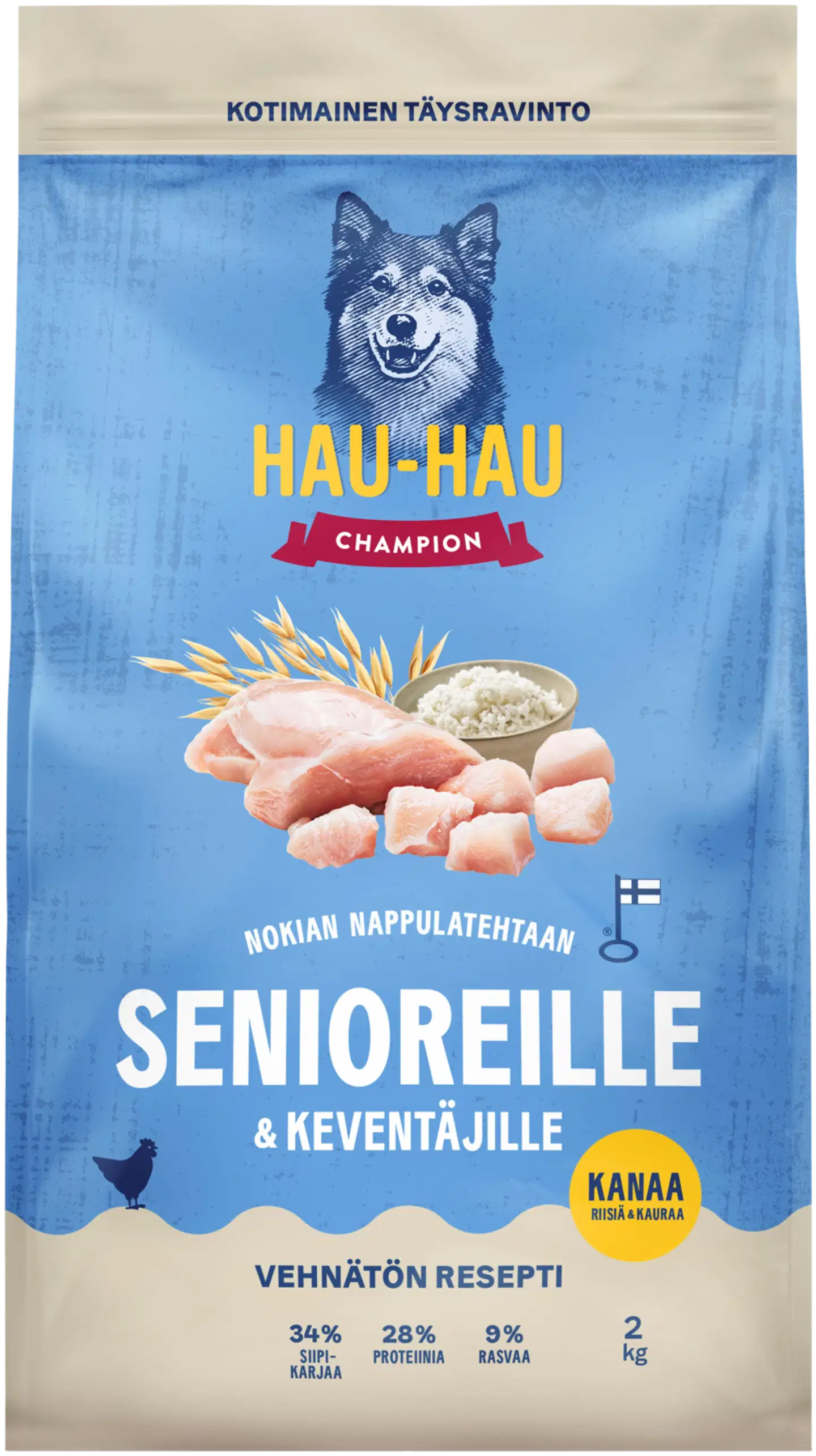 Hau-Hau Champion Nokian Nappulatehtaan Kanaa, riisiä & kauraa täysravinto senioreille ja keventäville 2 kg