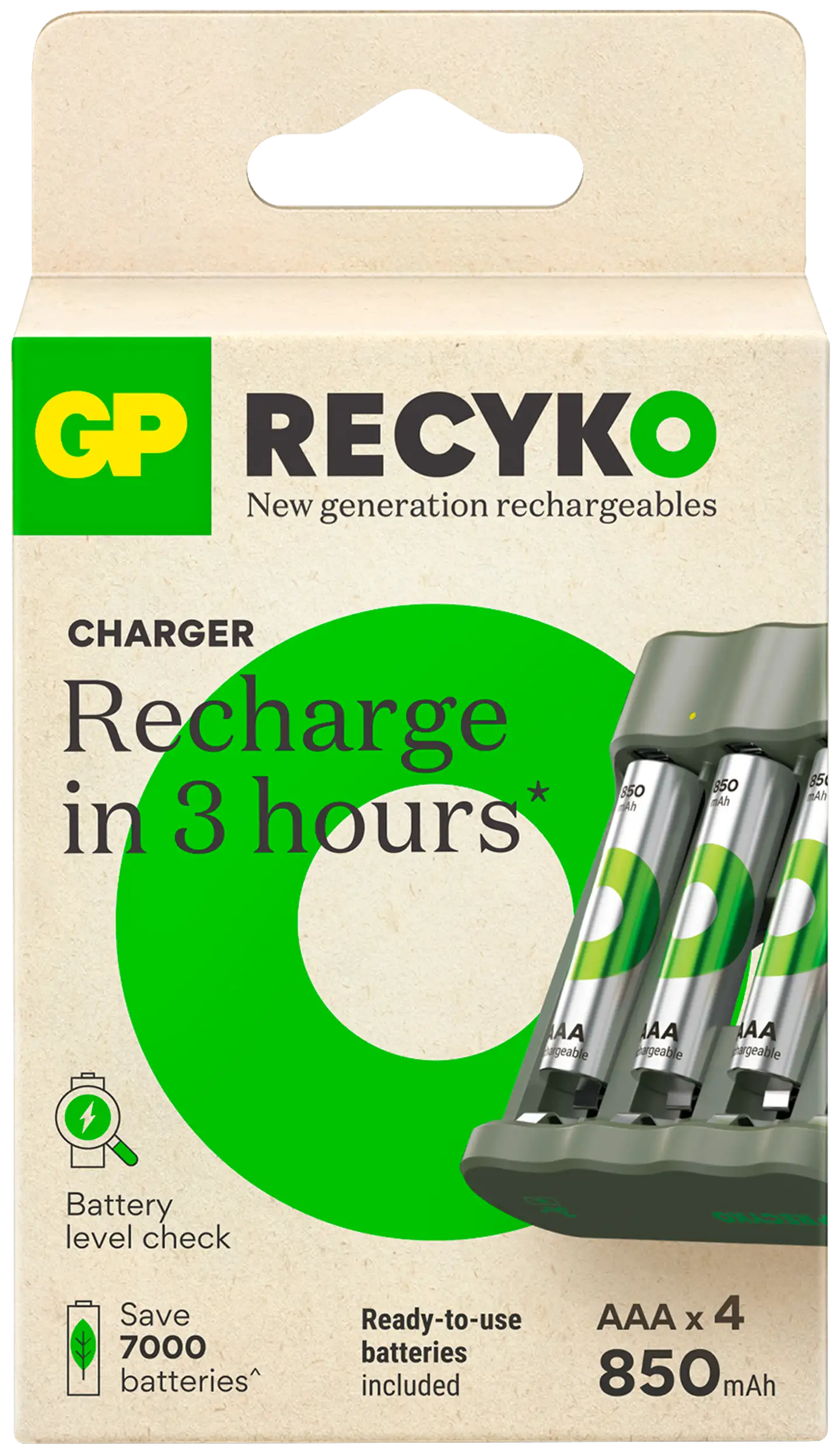 GP Recyko standard akkulaturi usb sis. 4kpl aaa 850mah nimh akkua - 1