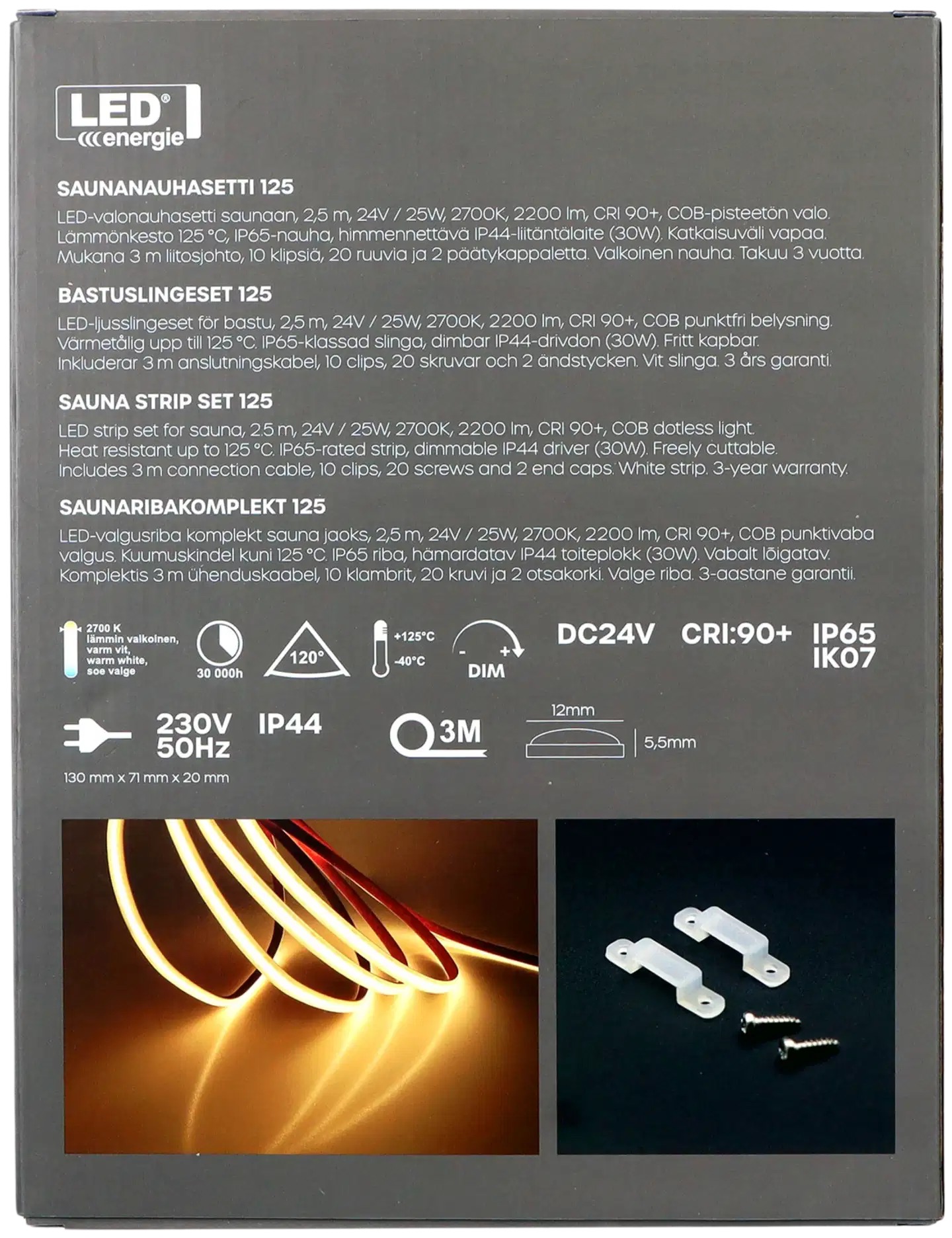 Led Energie Saunanauhasetti 125 valkoinen 2,5m 2700K 10W/m IP44/65 2200lm himmennettävä - 8