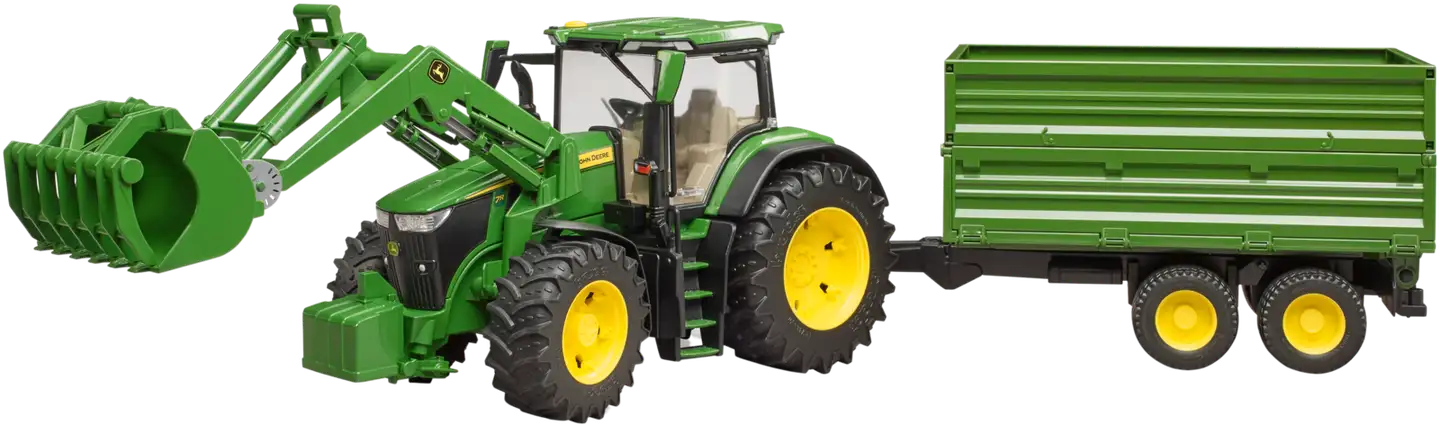 Bruder John Deere 7R 350 traktori etukuormaajalla ja perävaunulla - 2