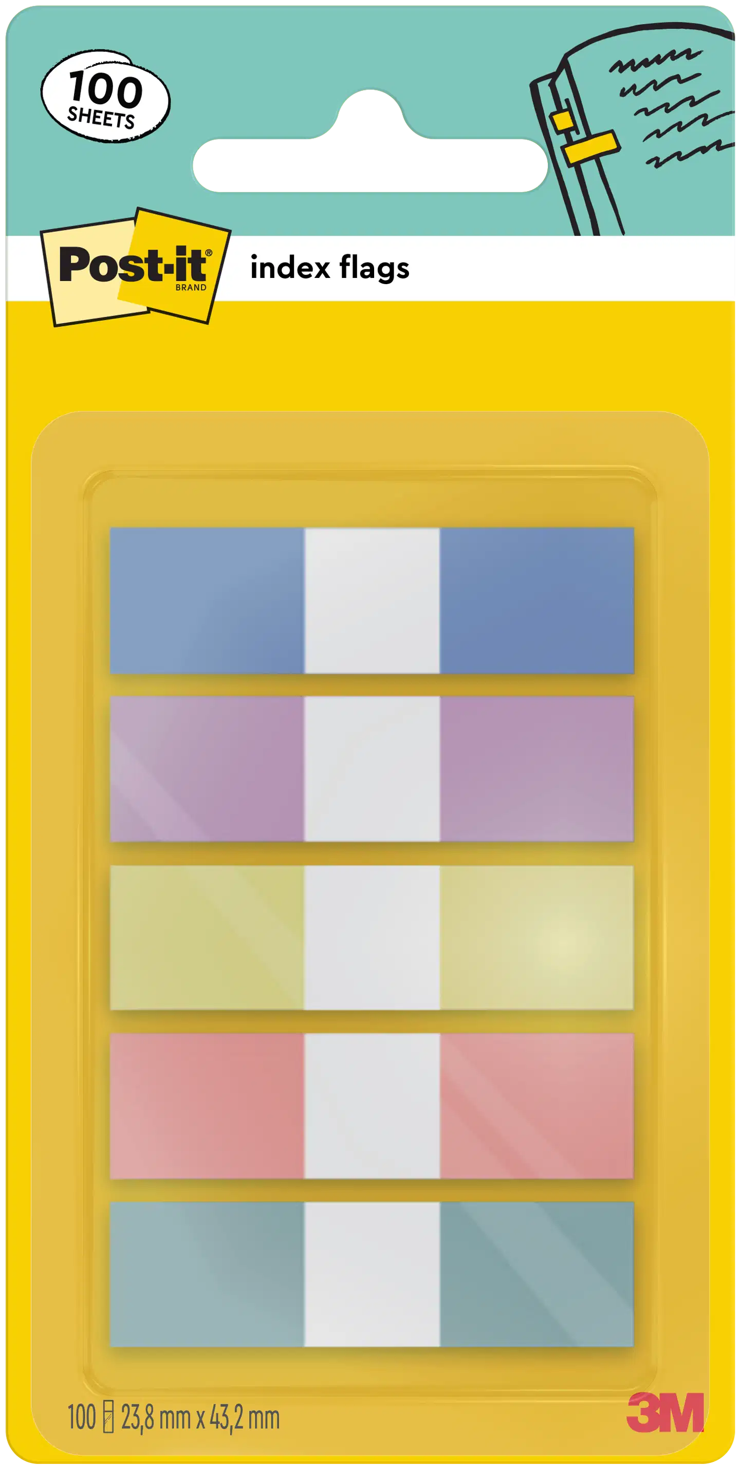 Post-it® teippimerkit 683-5PASTEL0, lajitelma pastellivärejä, 11,9 mm x 43,2 mm, 20 teippimerkkiä/väri, 100 teippimerkkiä/pakkaus, 1 annostelija/pakkaus - 1