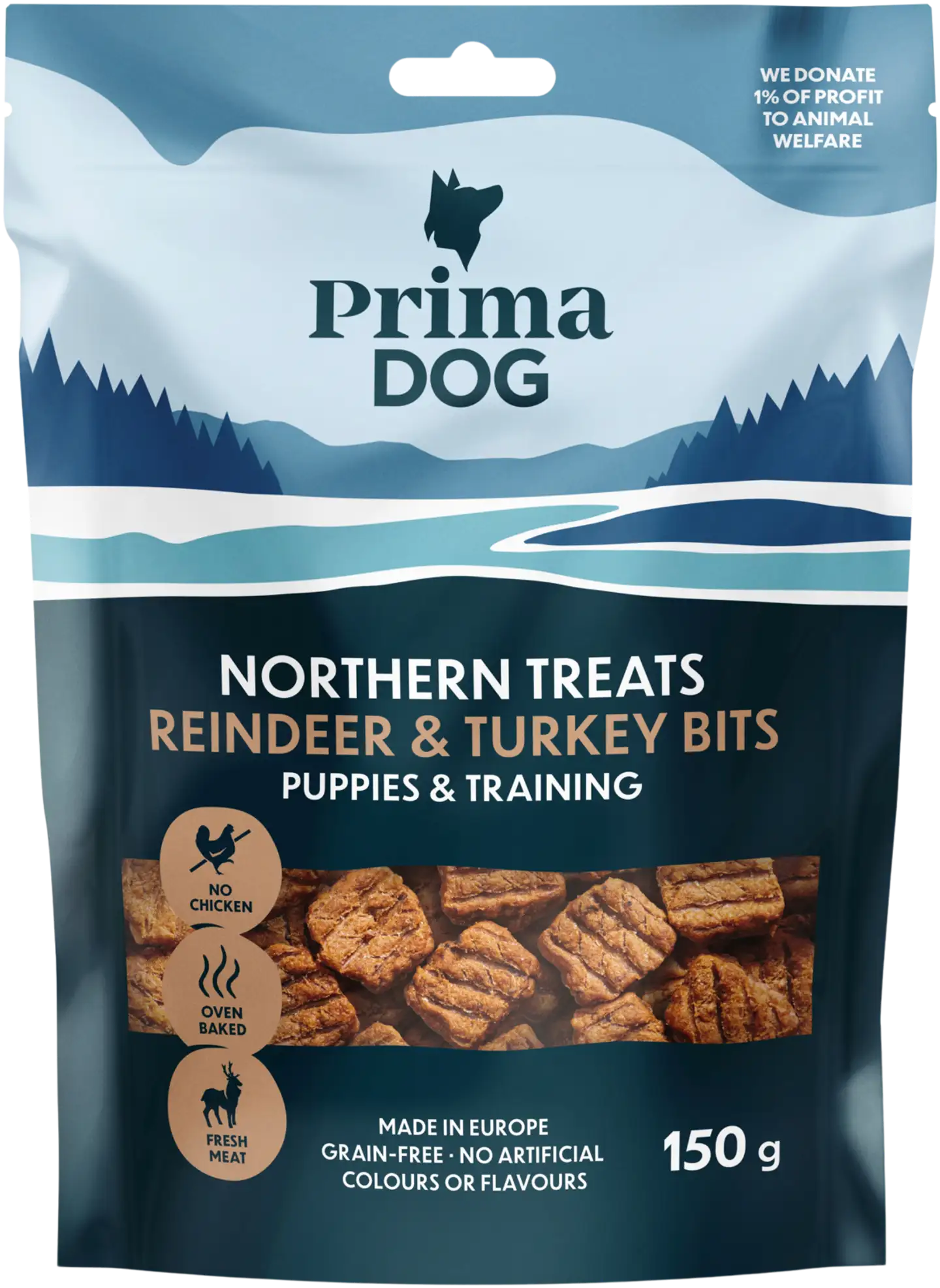 PrimaDog Northern Treats Bits Poro-Kalkkuna Pennuille ja Treenaamiseen 150 g