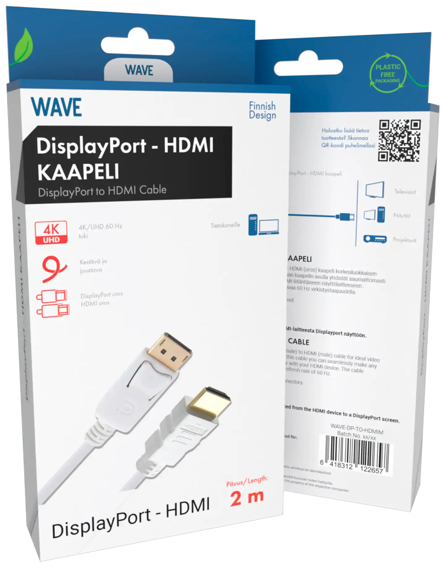 Wave DisplayPort uros - HDMI uros kaapeli, 2m, Valkoinen - 2