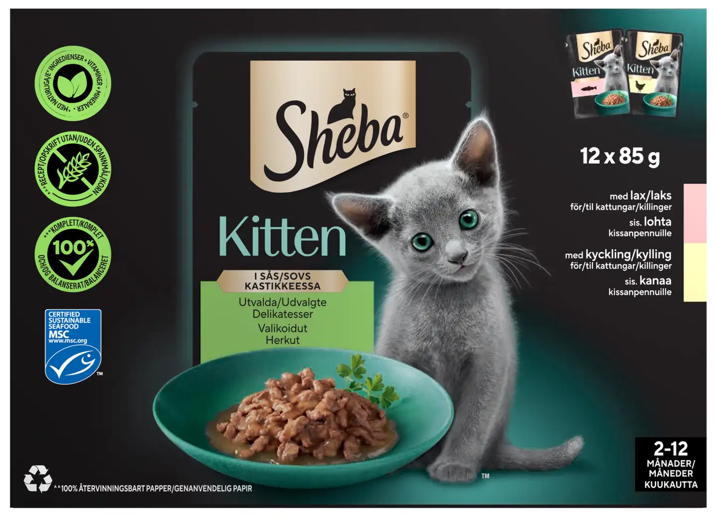 Sheba Kitten Kana ja Lohi kastikkeessa annospussi 12x85g