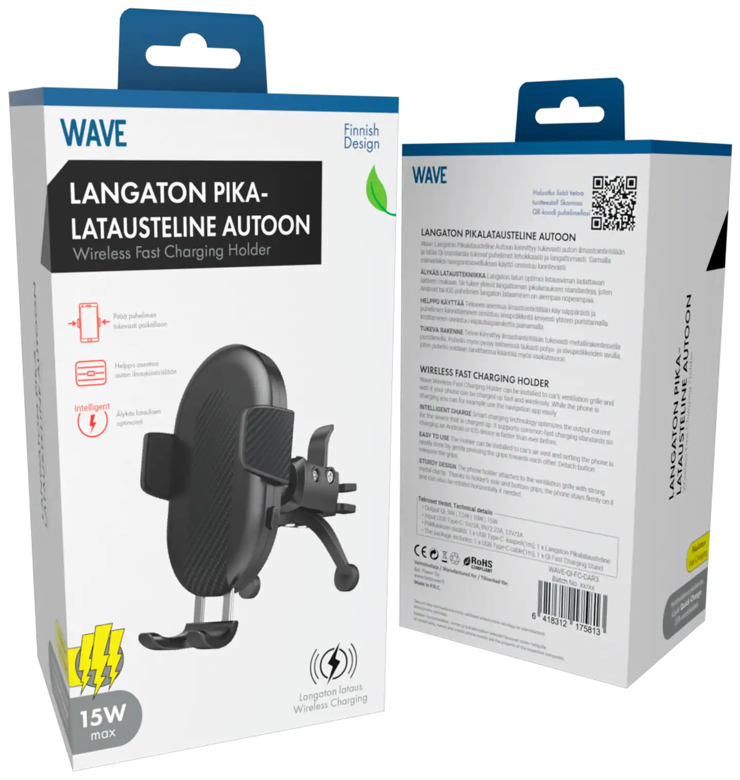 Wave Qi Autoteline 15W langattomalla pikalatauksella, Musta - 5