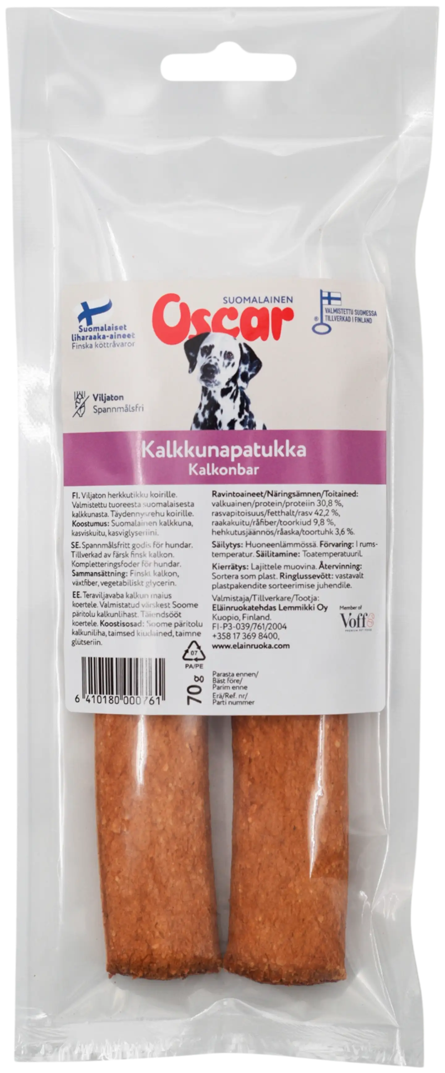 Oscar Kalkkunapatukka 70 g koirille täydennysrehu
(kahden kappaleen paketti)