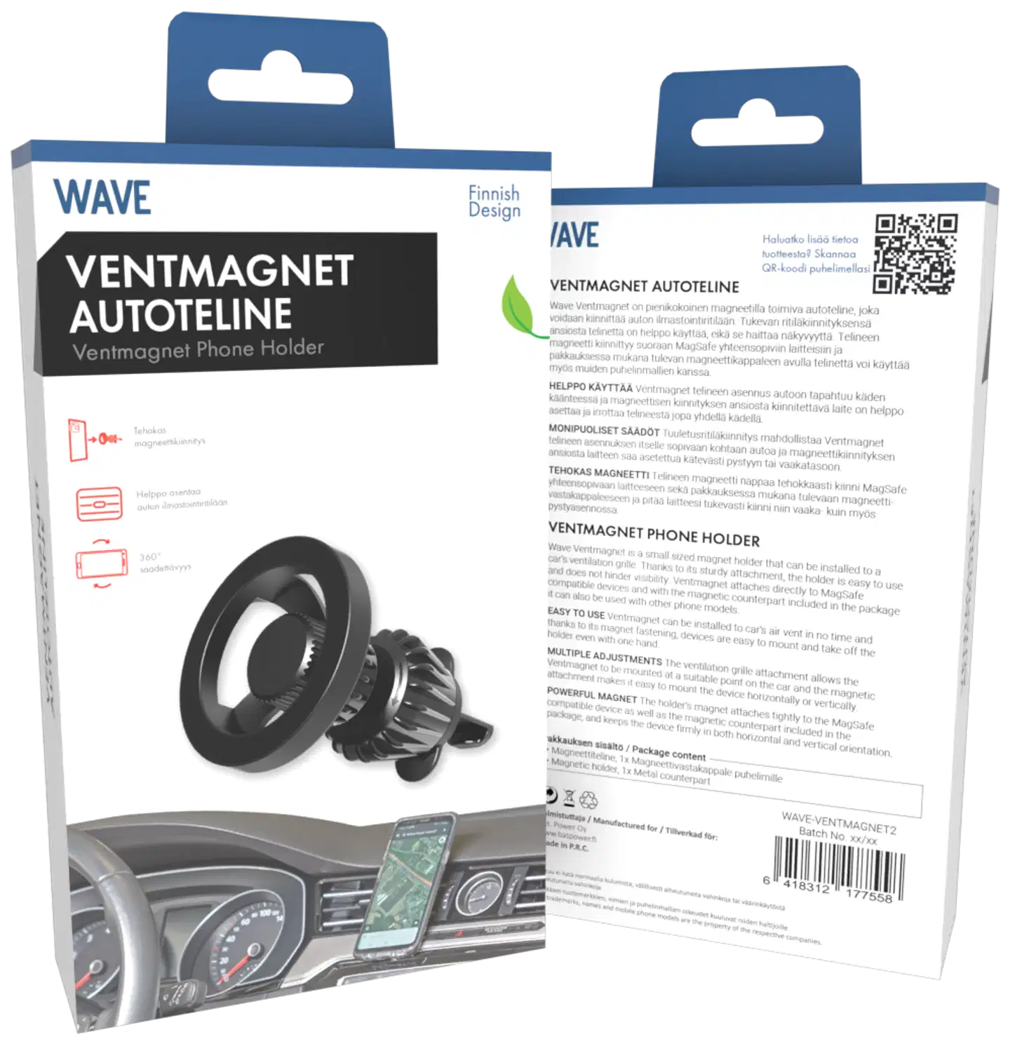 Wave Ventmagnet autoteline, Musta - 4