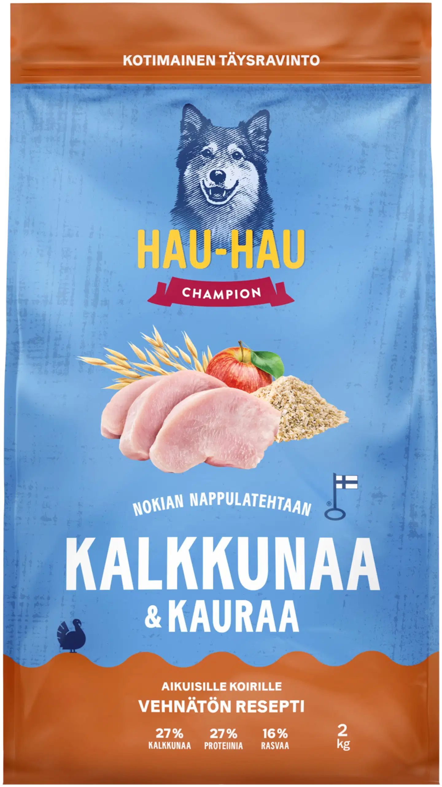 Hau-Hau Champion Nokian Nappulatehtaan Kalkkunaa & kauraa täysravinto aikuisille koirille 2 kg