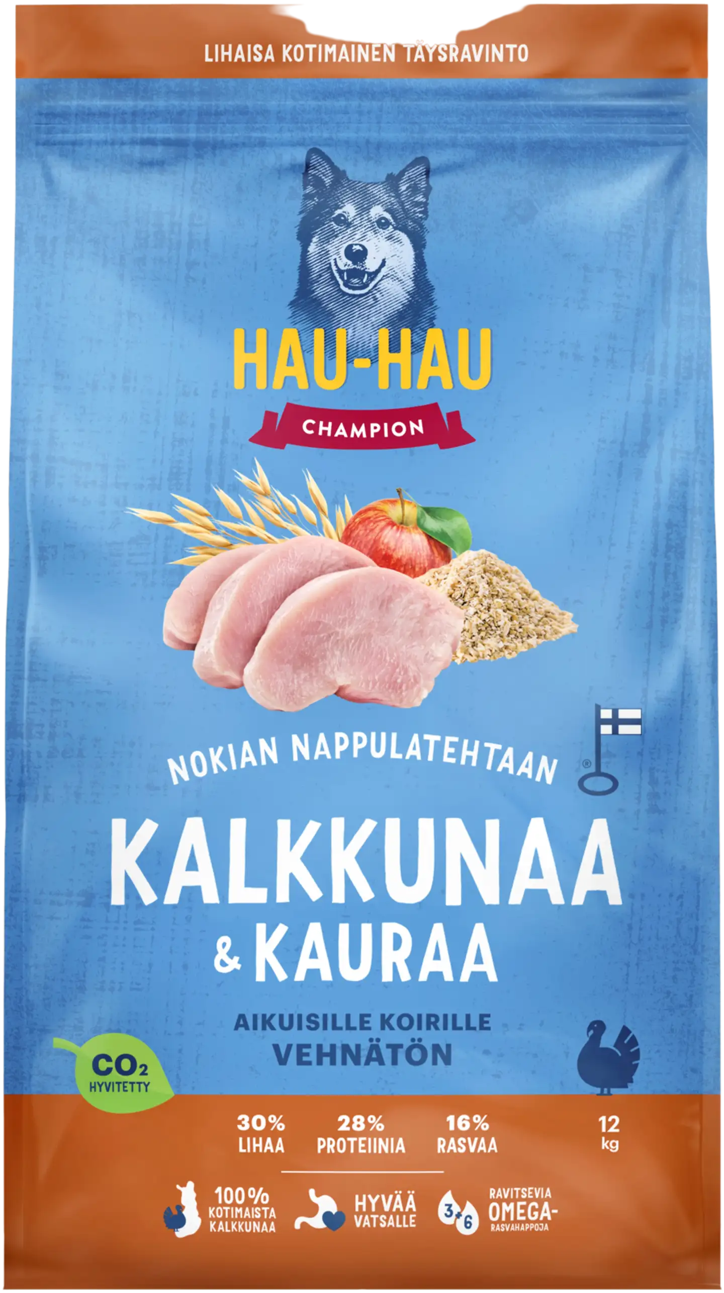 Hau-Hau Champion Nokian Nappulatehtaan Kalkkunaa & kauraa täysravinto aikuisille koirille 12 kg