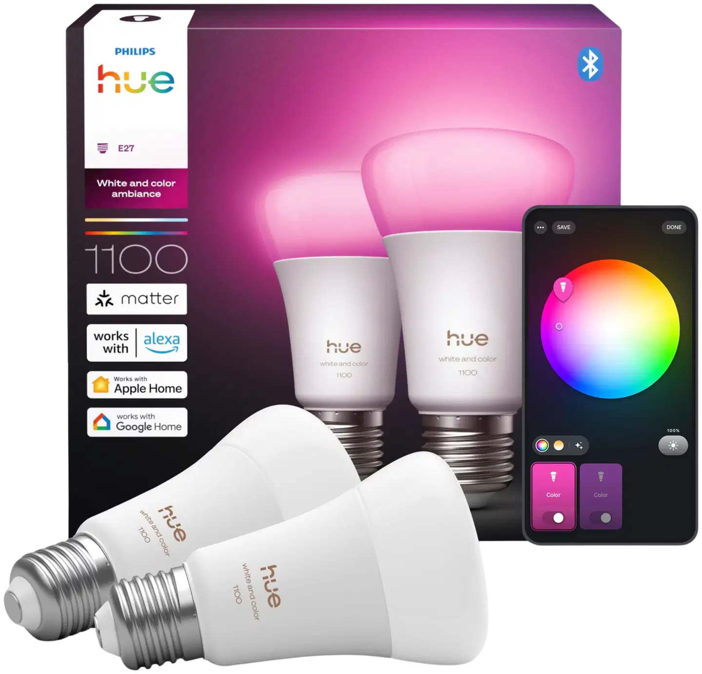 Philips Hue LED-lamppu 8.1W A60 E27 1000-20000K 1000LM säädettävä lämpimästä viileään 2 kappaletta - 2