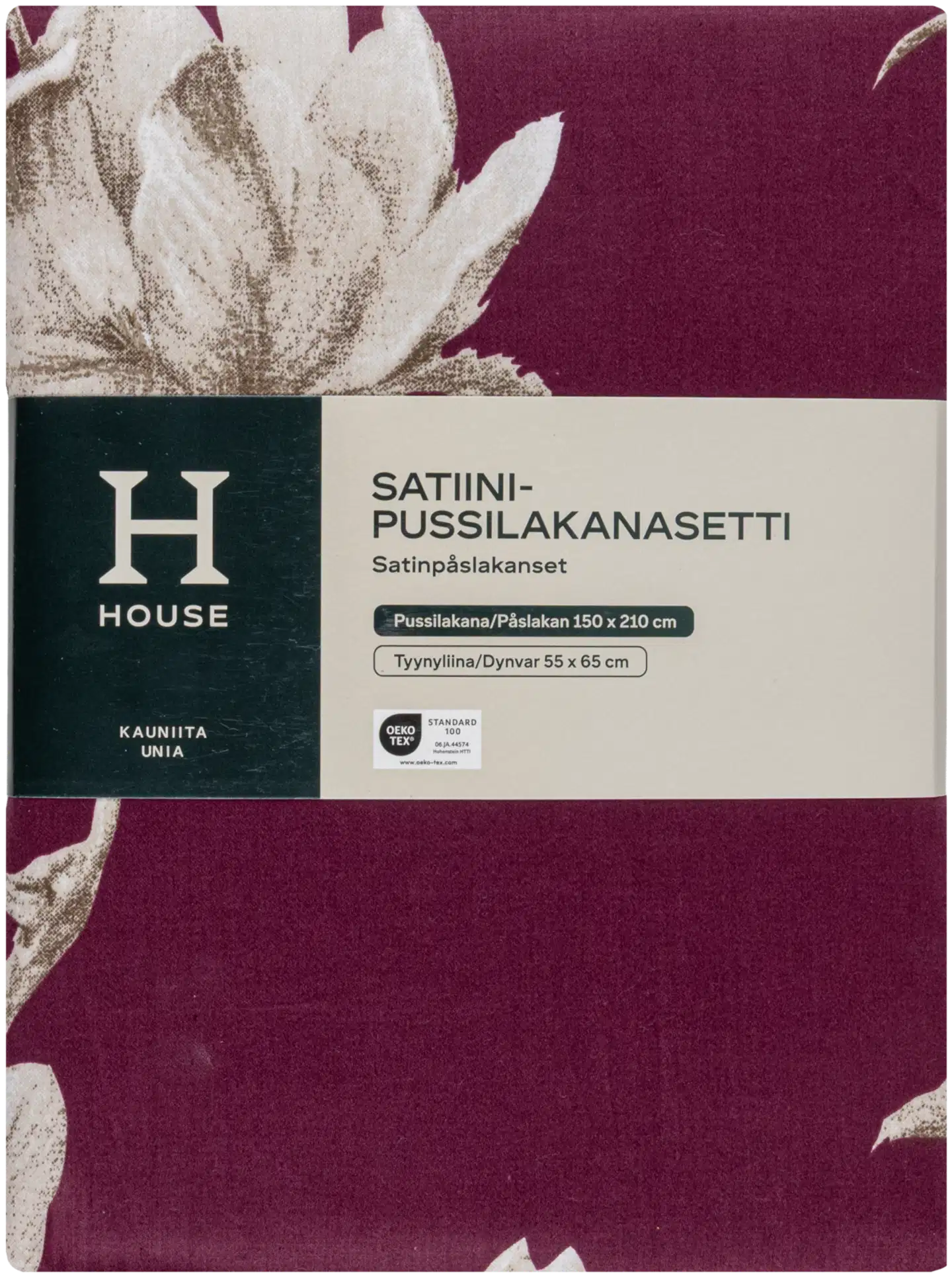 House satiinipussilakanasetti Blomster 150x210 cm burgundy - 3
