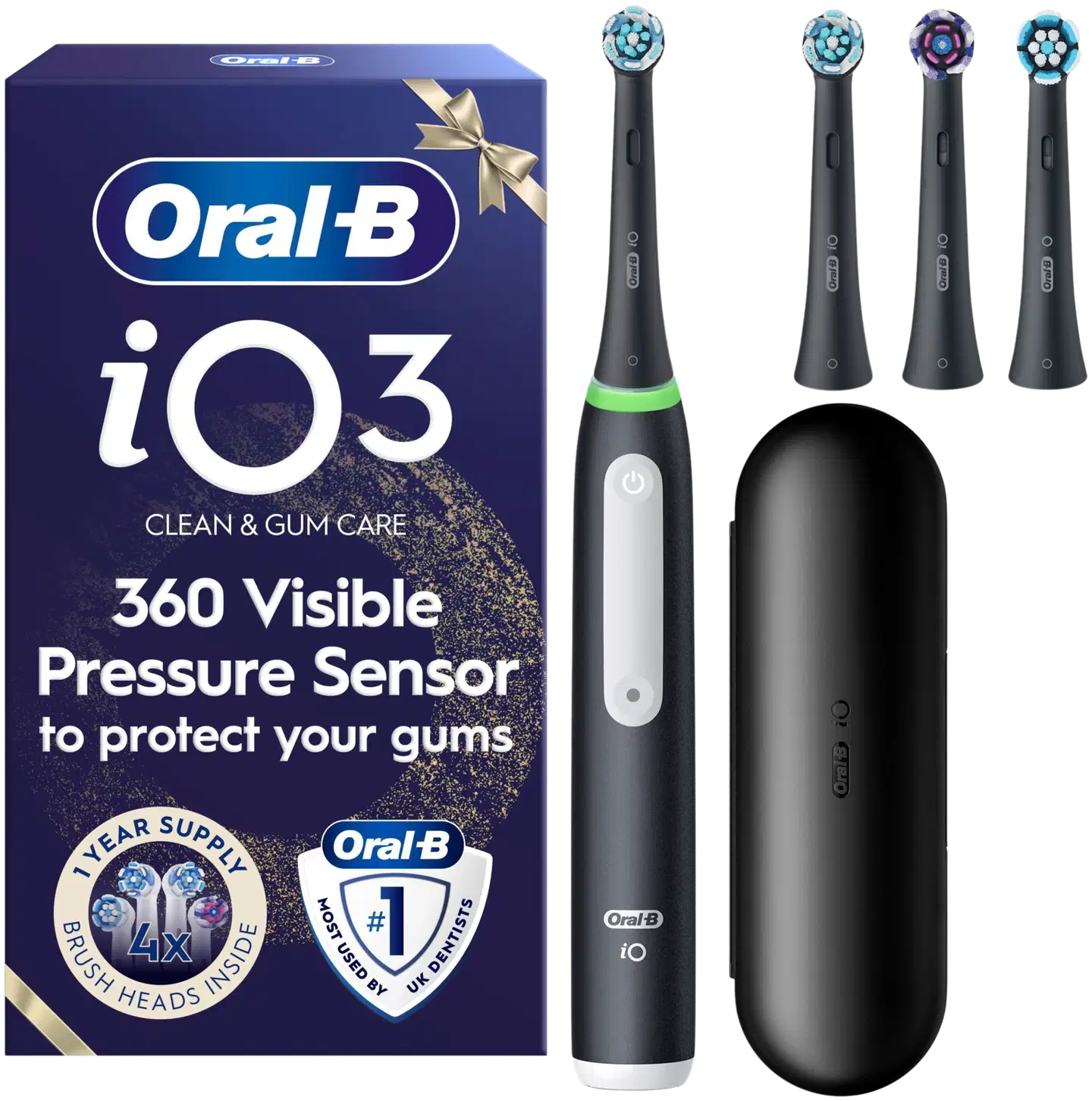 Oral-B iO3 -sähköhammasharja, Giftset, musta, 4 vaihtoharjaa, Matkakotelo - 1