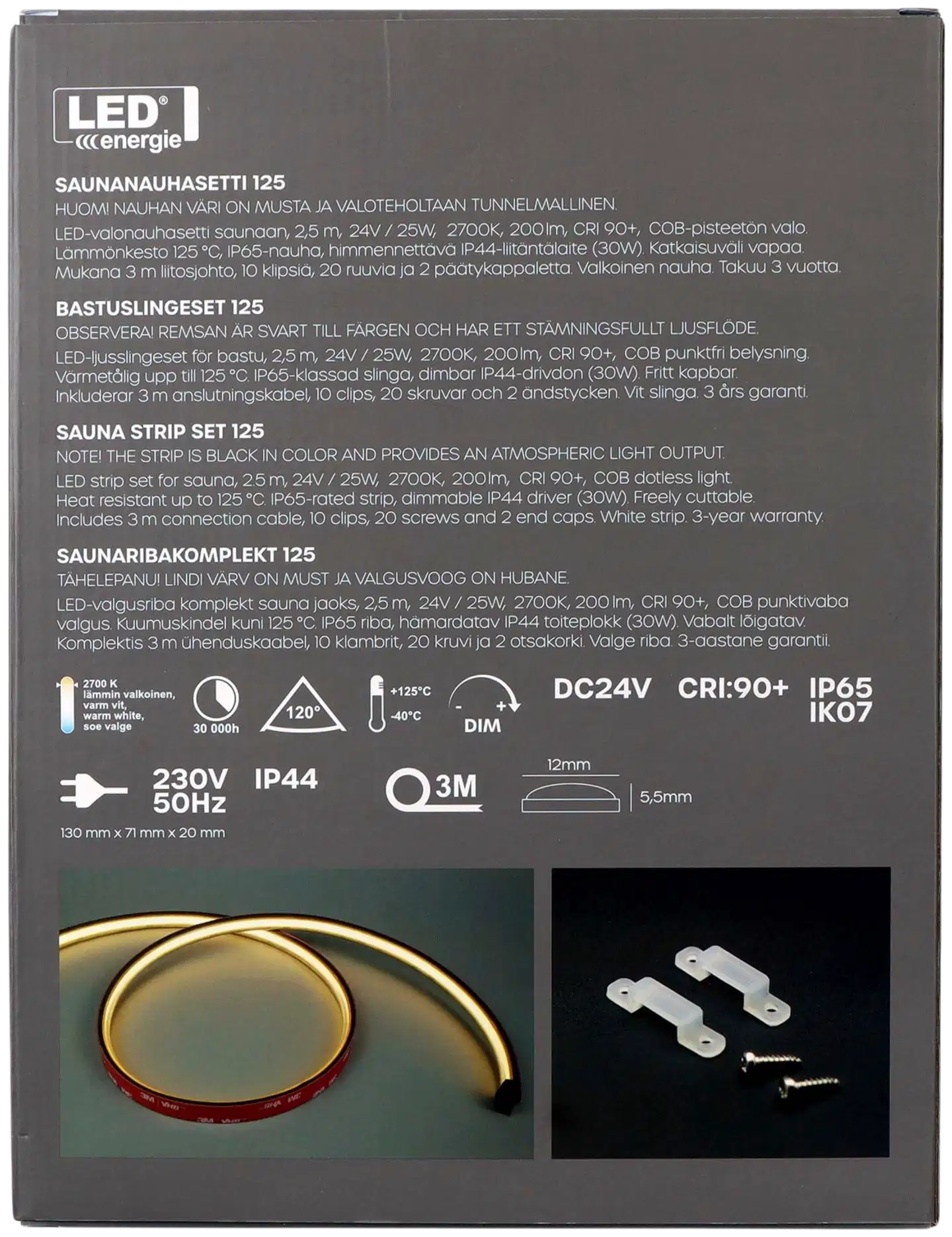 Led Energie Saunanauhasetti 125 musta 2,5m 2700K 10W/m IP44/IP65  200lm himmennettävä - 3