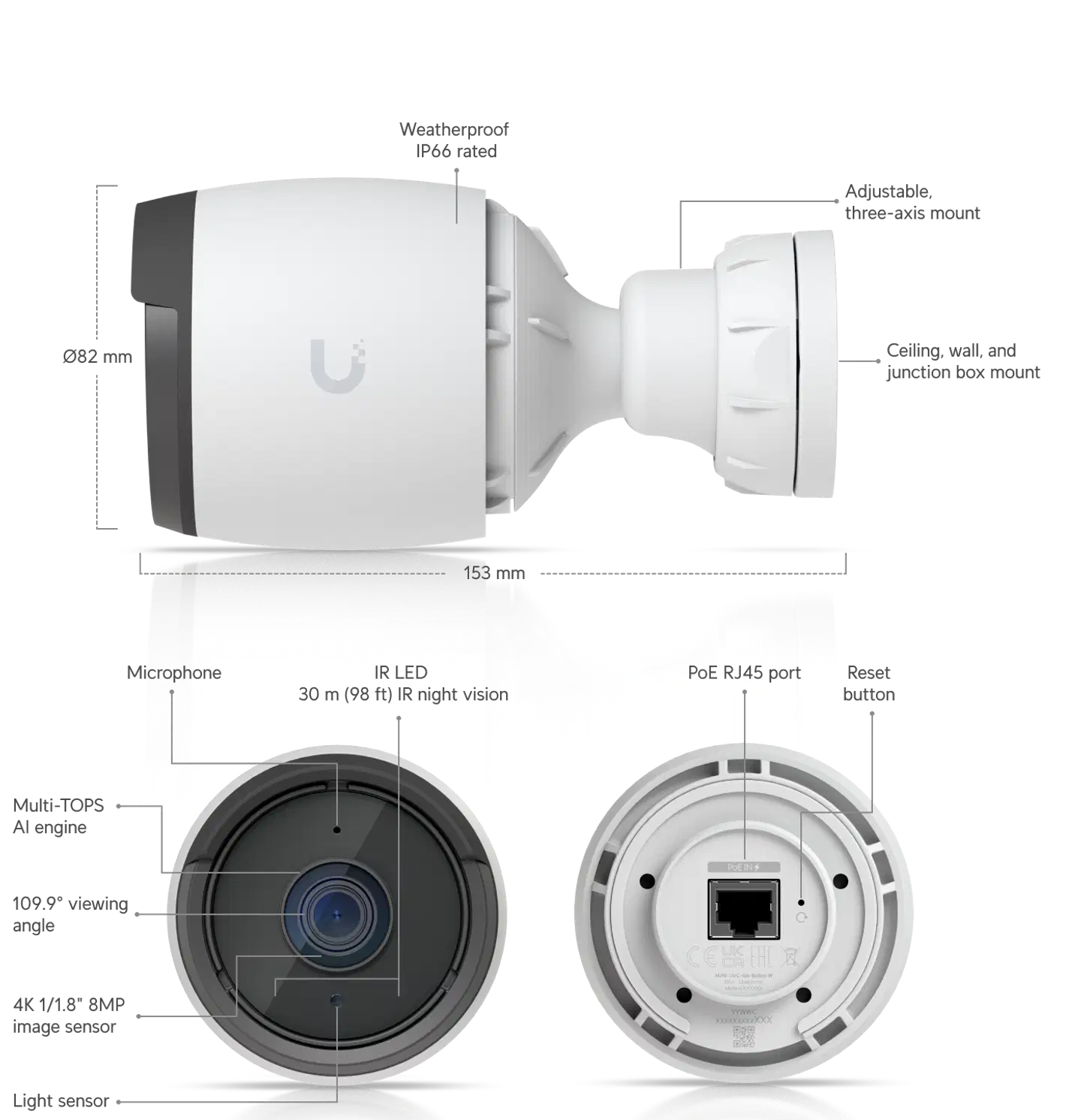Ubiquiti sääsuojattu 4K PoE -ulkovalvontakamera laajakulmalla ja IR-yönäöllä UVC-G6-Bullet-W valkoinen - 9