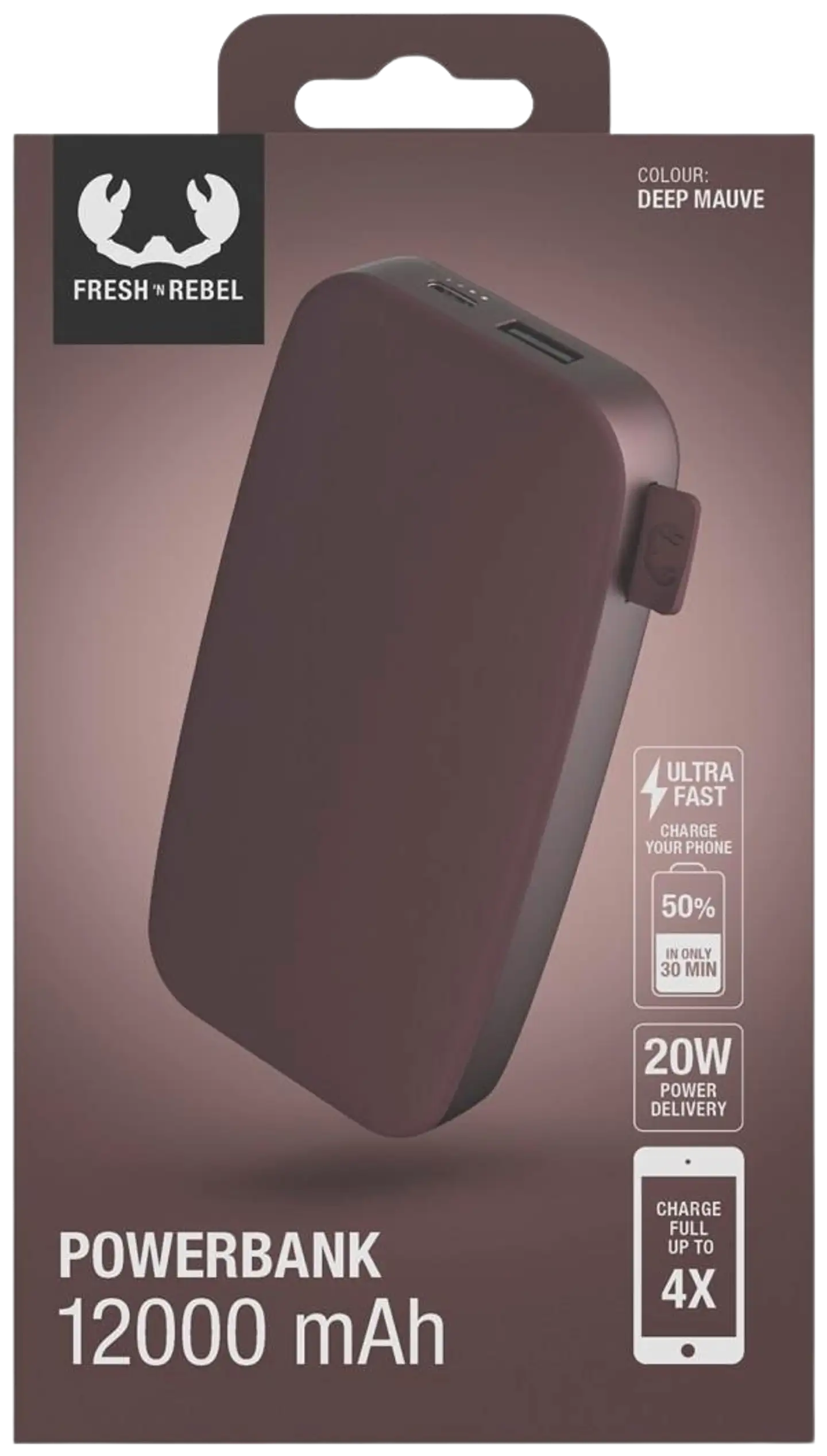 Fresh 'n Rebel Varavirtalähde 12000 mAh USB-C -liitännällä, Ultra Fast Charging, 20W PowerDelivery, Deep Mauve - 5