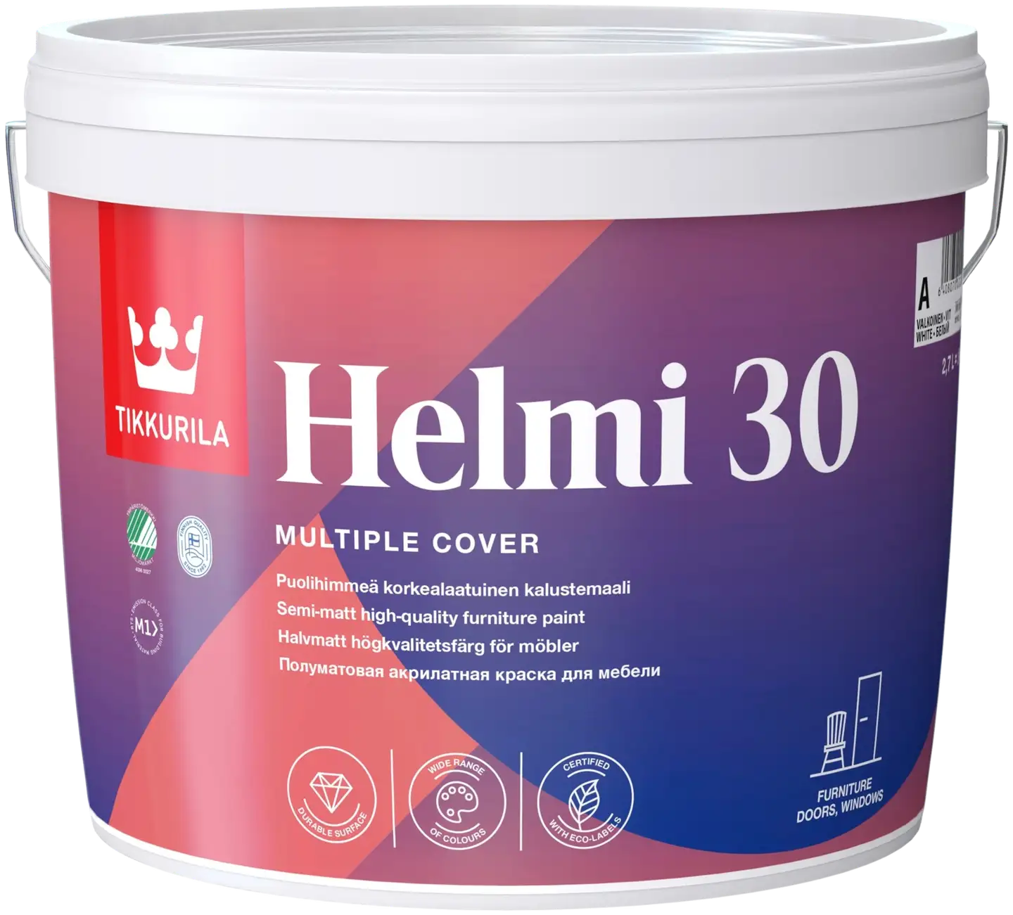 Tikkurila kalustemaali Helmi 30 2,7 l A valkoinen sävytettävissä puolihimmeä