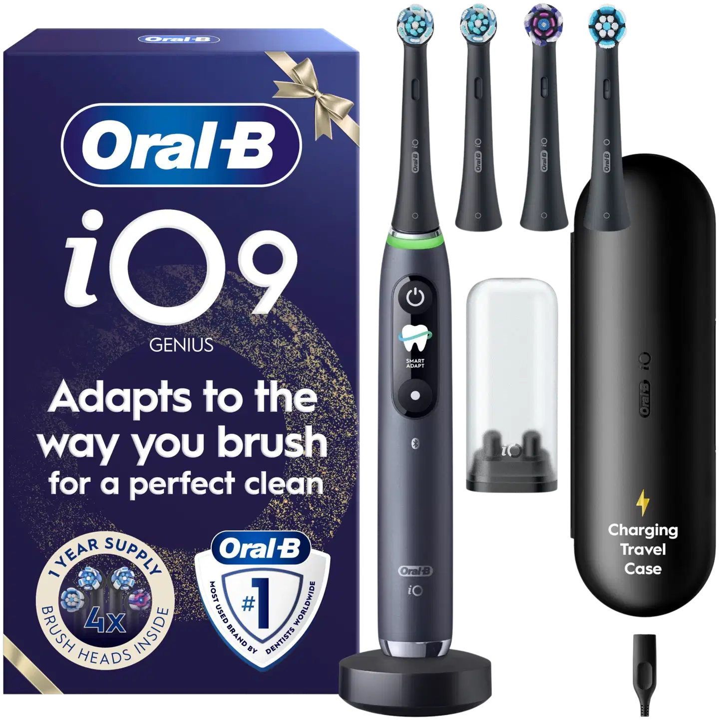 Oral-B iO9 -sähköhammasharja, Giftset, Musta, 4 vaihtoharjaa, Lataava matkakotelo - 1