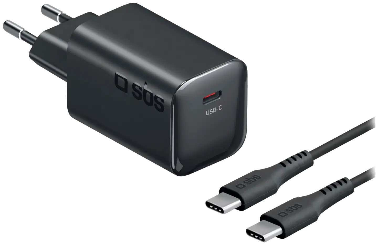 SBS GaN mini -seinälaturipaketti, USB‑C PD65W + USB‑C 60W kaapeli 2 m, musta - 1
