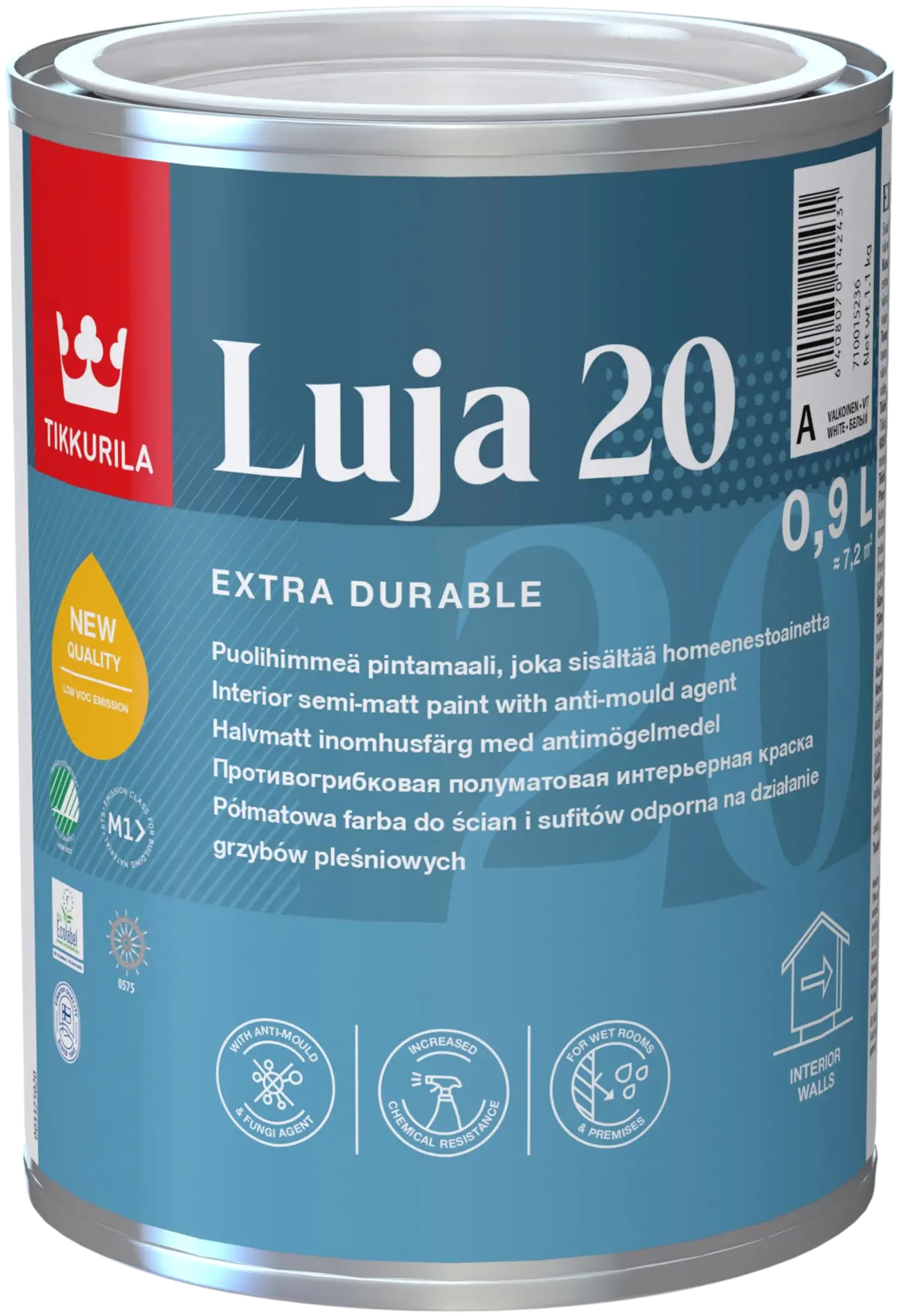 Tikkurila pintamaali Luja 20 0,9 l A valkoinen sävytettävissä puolihimmeä