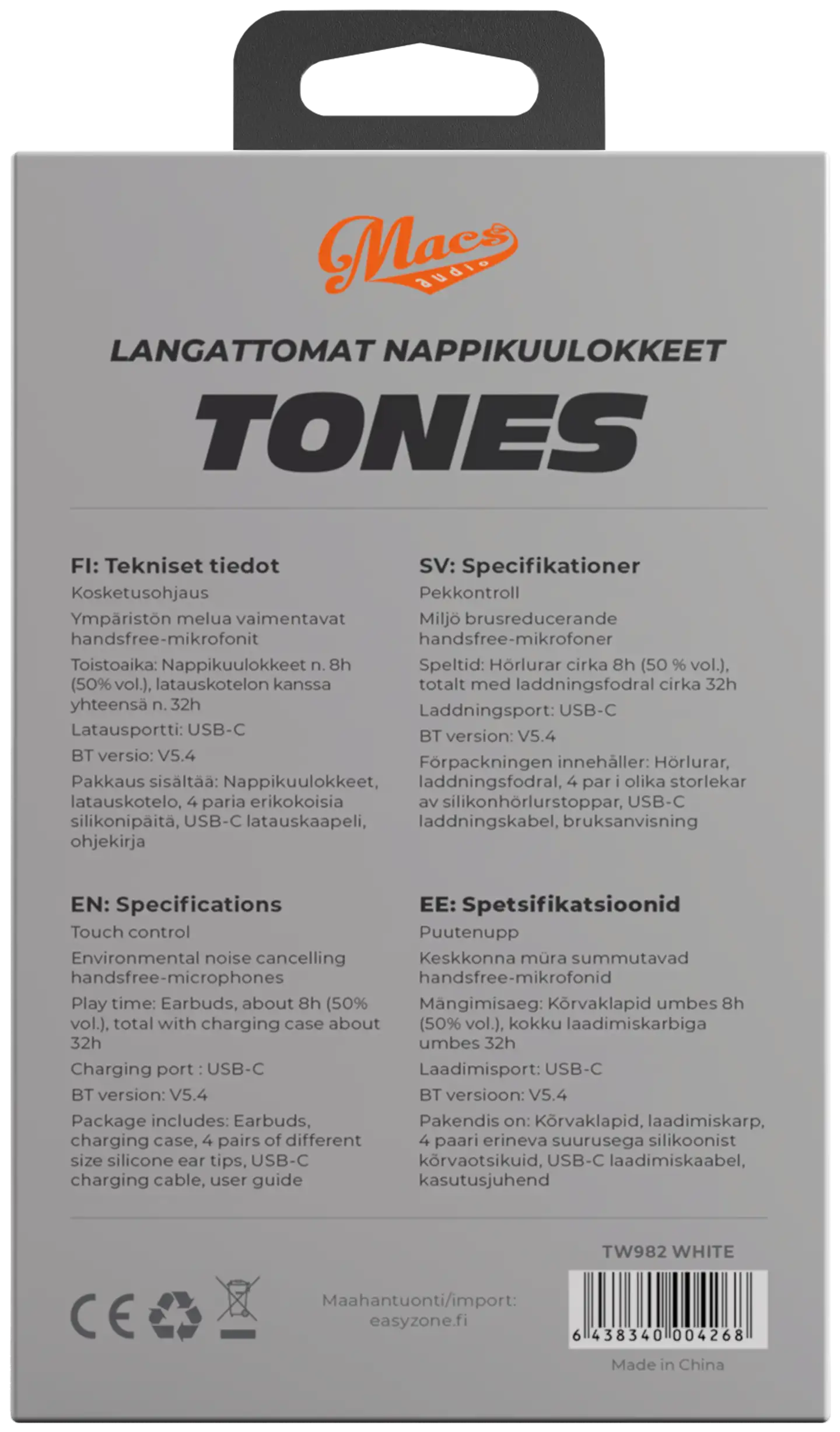 Macs langattomat nappikuulokkeet Tones valkoinen - 4