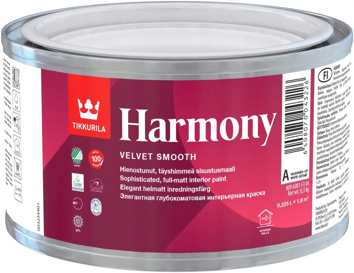 Tikkurila sisustusmaali Harmony 0,225 l A valkoinen sävytettävissä täyshimmeä