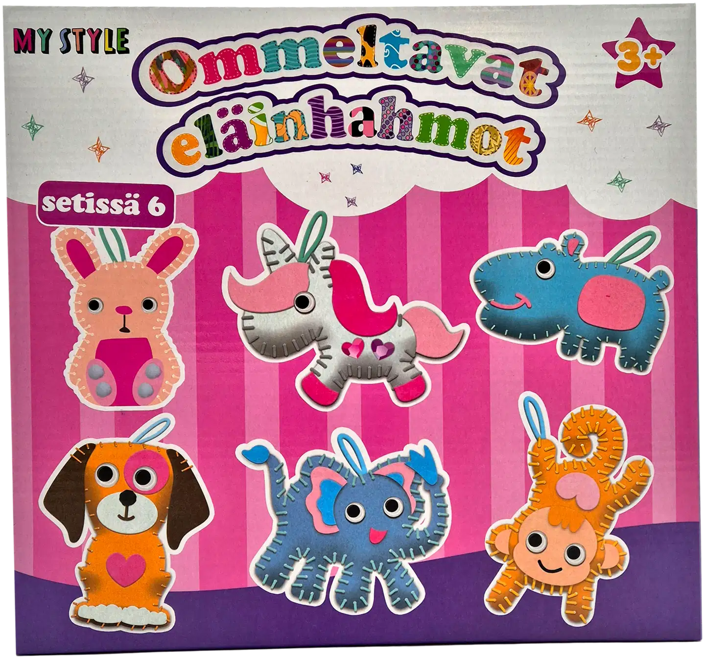 Ommeltavat eläinhahmot, setti sisältää tarvikkeet kuuden eri hahmon ompelemiseen.