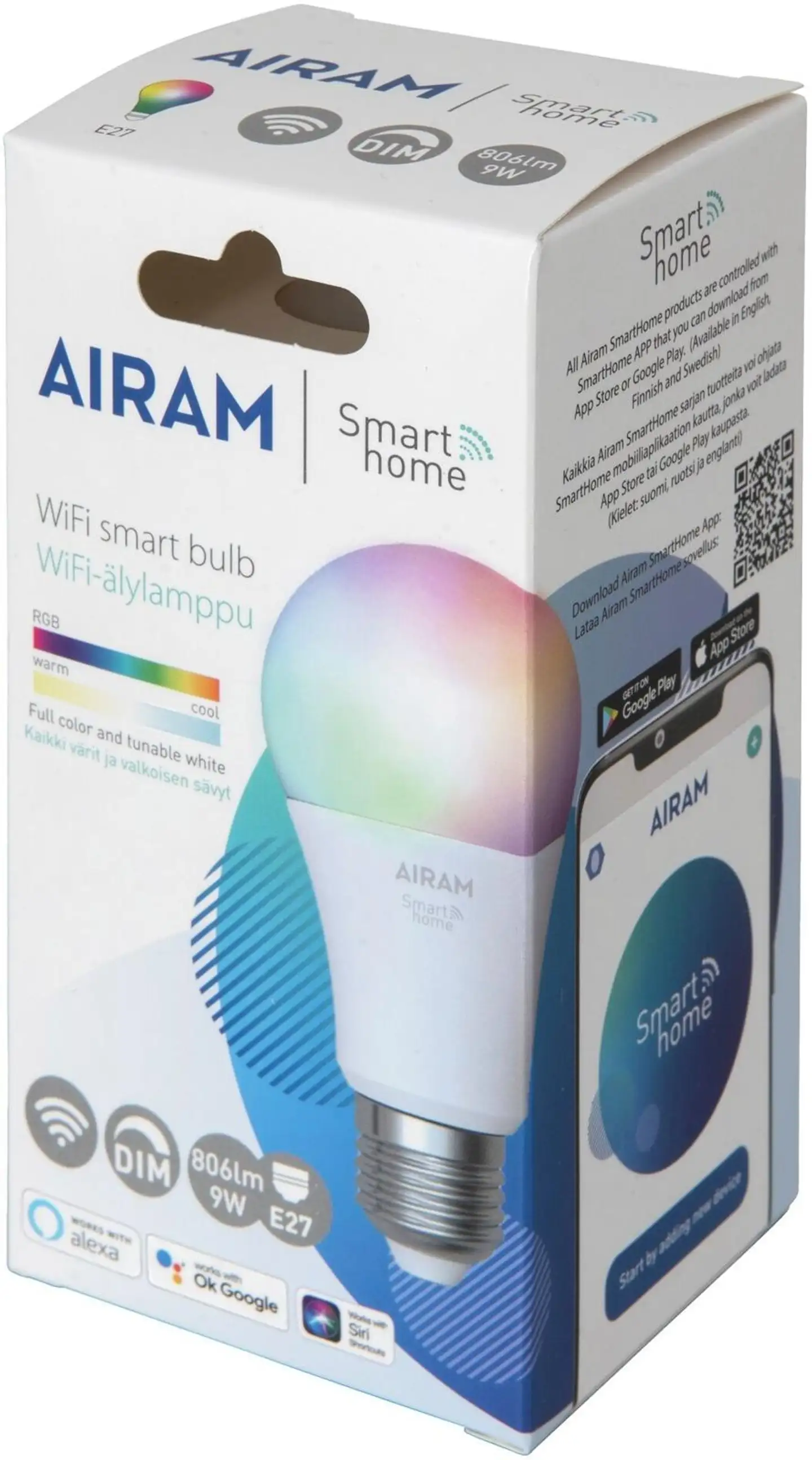 Airam vakiolamppu Smart 9W opaali E27 806lm RGB/TW 2700-6500K - 2