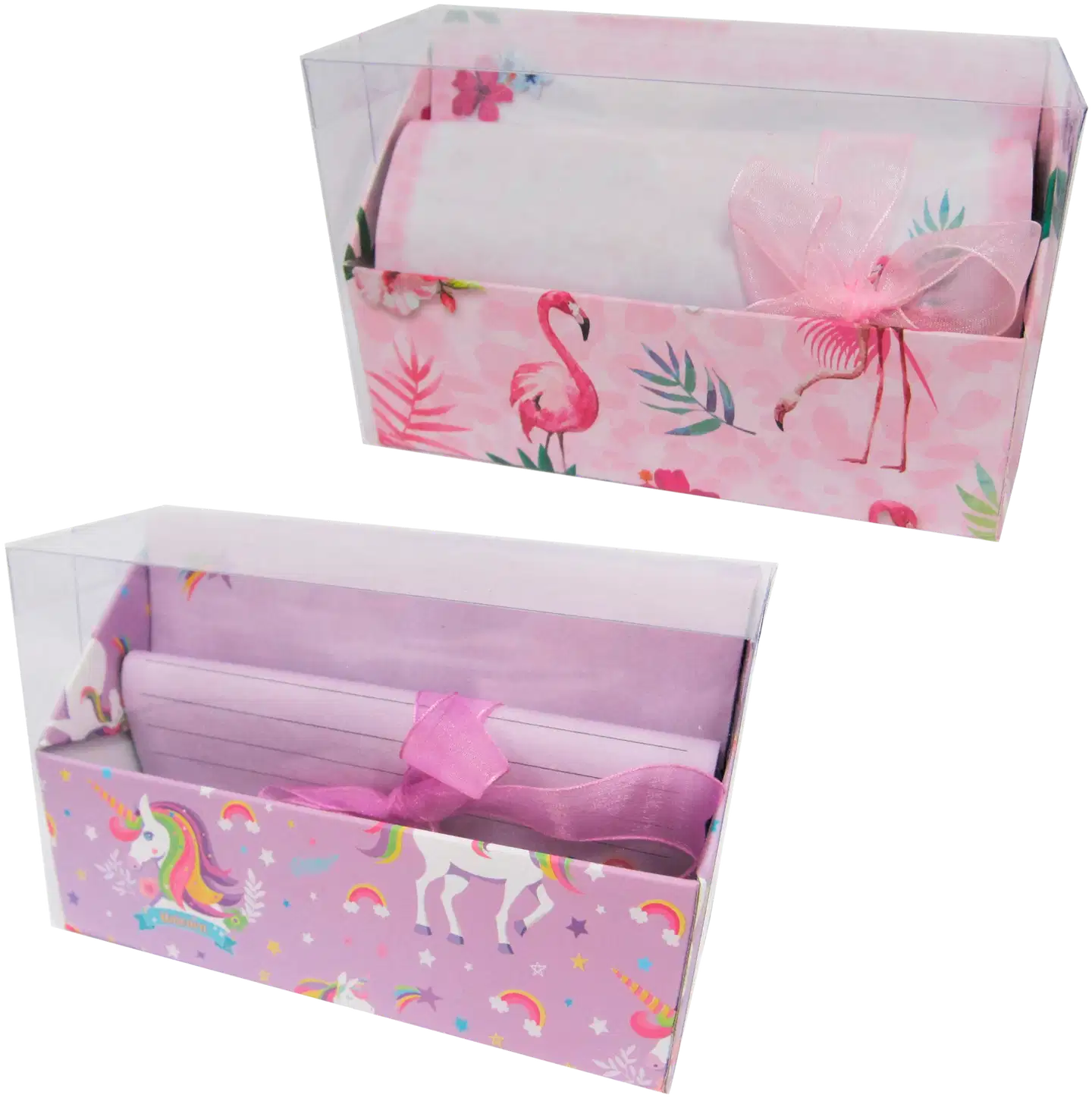 Flamingo & Unicorn kirjesetti, sis. 10 kirjepaperia, 5 kirjekuorta, kuulakärkikynä, 2 erilaista lajit.