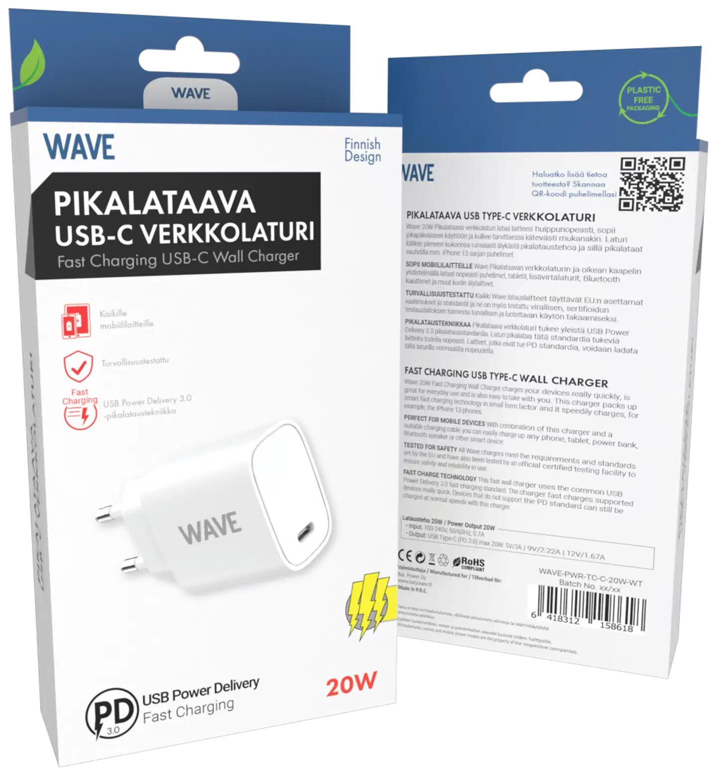 Wave Pikalataava verkkolaturi, 1 x USB Type-C (20W), Valkoinen - 4