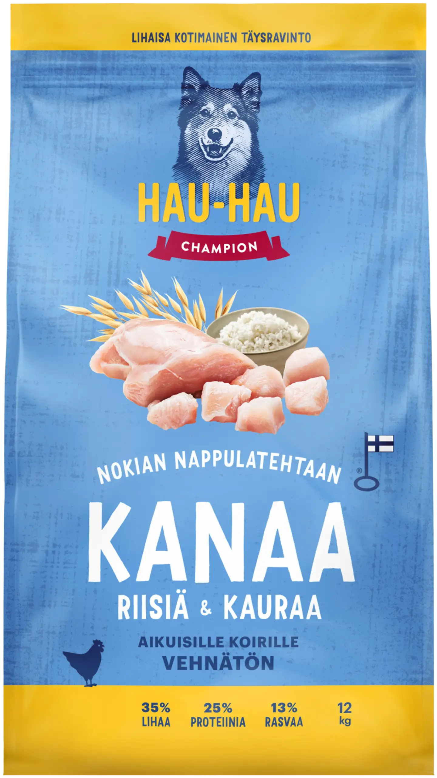 Hau-Hau Champion Nokian Nappulatehtaan Kanaa, riisiä & kauraa täysravinto aikuisille koirille 12 kg