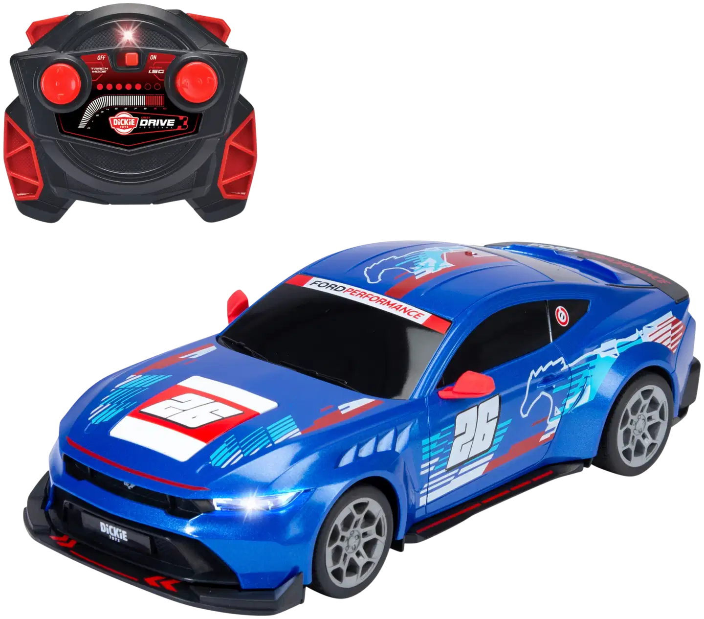 Dickie Toys - RC Ford Mustang Customized 1:24, 29 cm, Try Me, RTR, radio-ohjattava, 4 kanavainen ohjain, taajuus 2,4 GHz, USB lataus, valotoiminto - 2