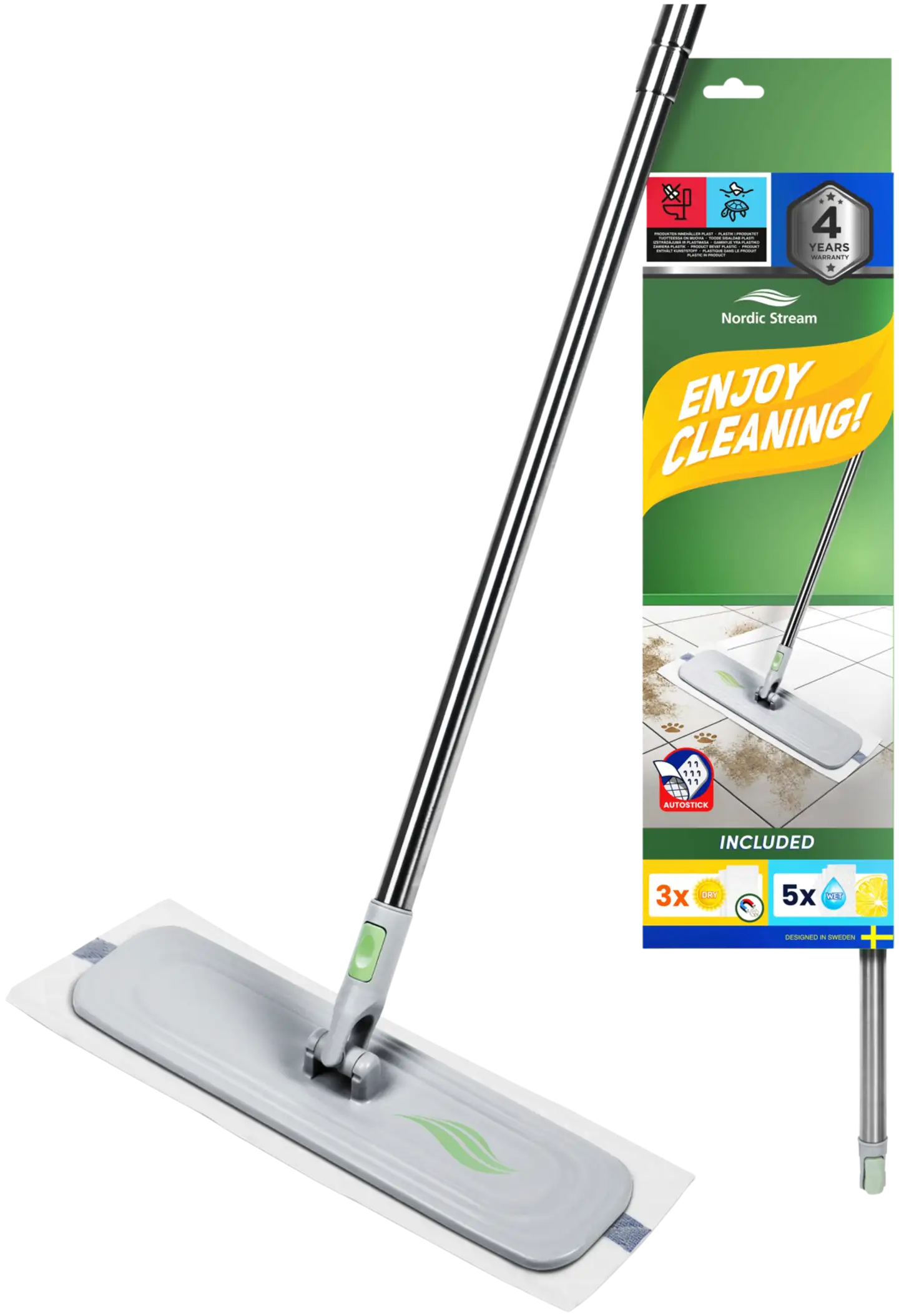 Streamy Lattiamoppi Kit, 1 kpl teleskooppikahva, 1 kpl Multi mopframe
3 kpl Kuiva liina, 5 kpl Märkä liina - 1