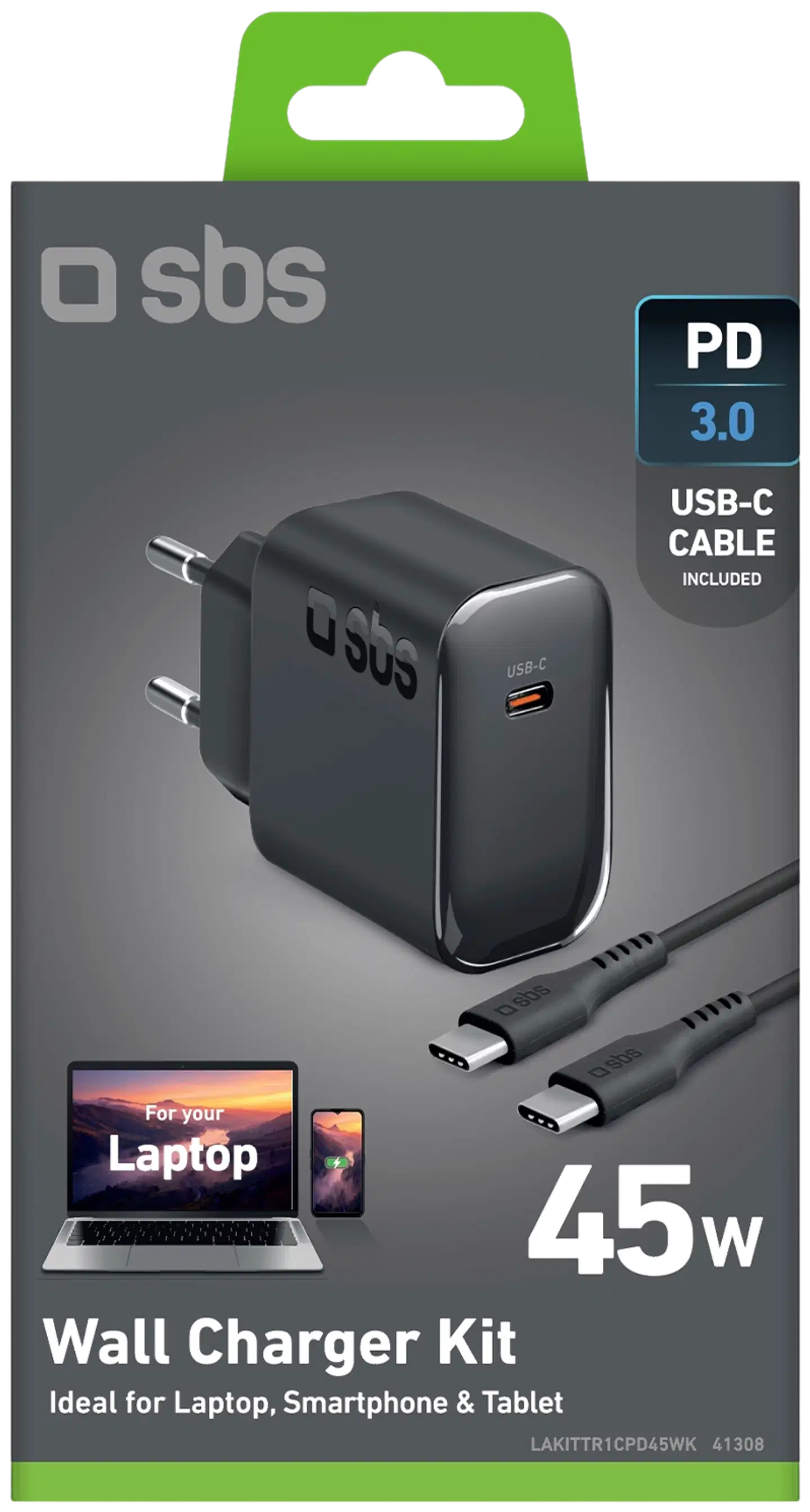 SBS Seinälaturipaketti, USB‑C PD45W + USB‑C 60W kaapeli 2 m, musta - 2