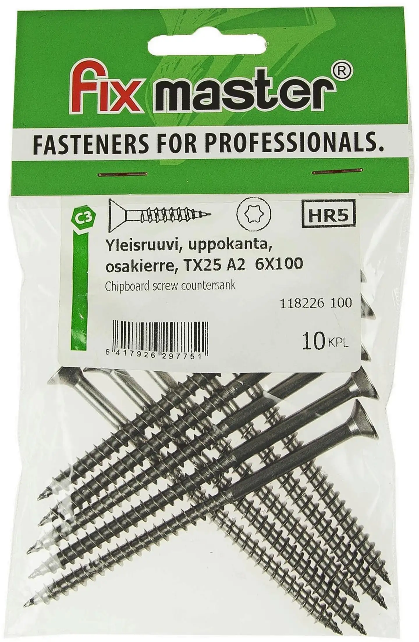 Fix Master yleisruuvi uppokanta osakierre 6X100 torx25 A2 10kpl