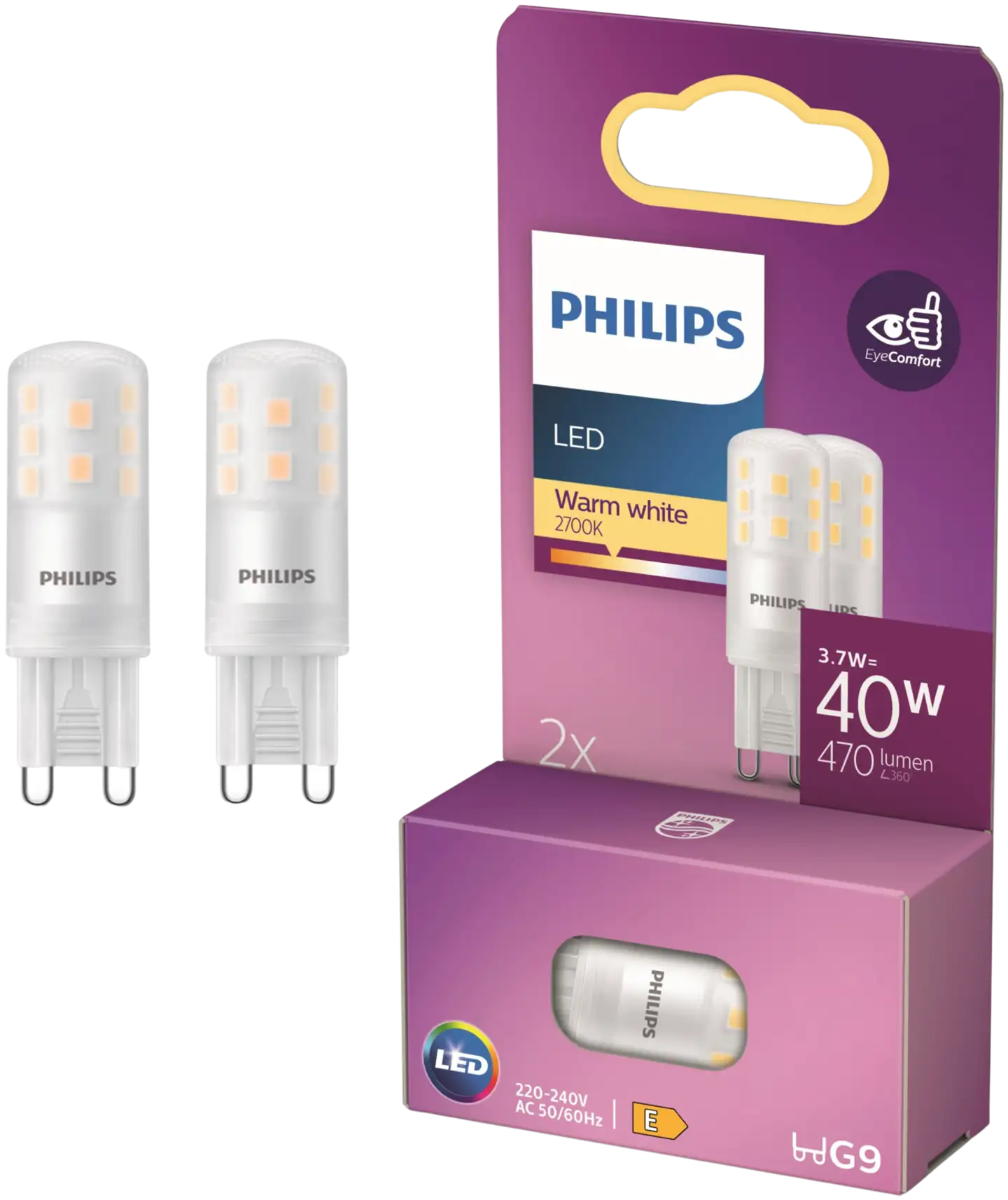 Philips LED lamppu G9  3.7W 2700K 470LM  2 kpl - 1