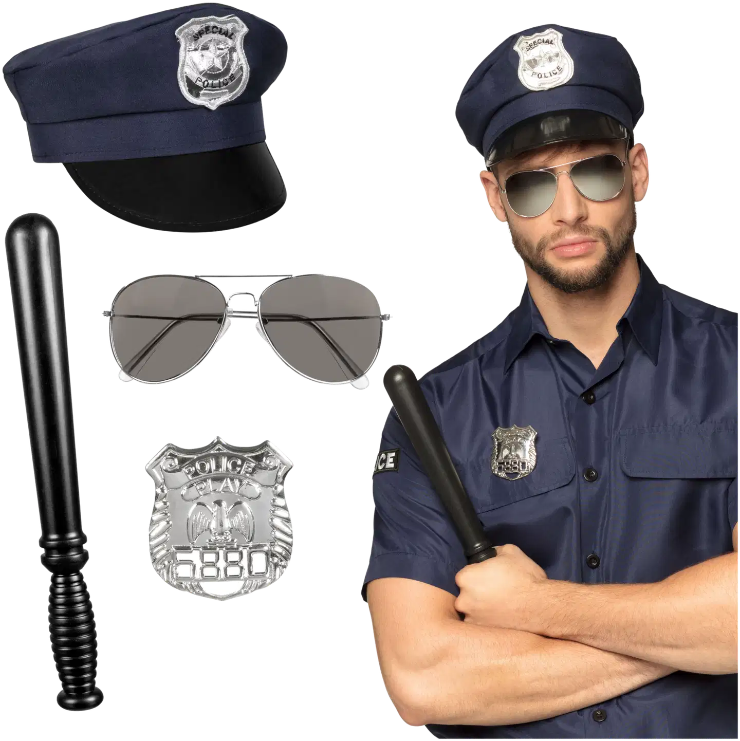 Poliisi asustesetti; hattu,lasit,pamppu ja virkamerkki - 1