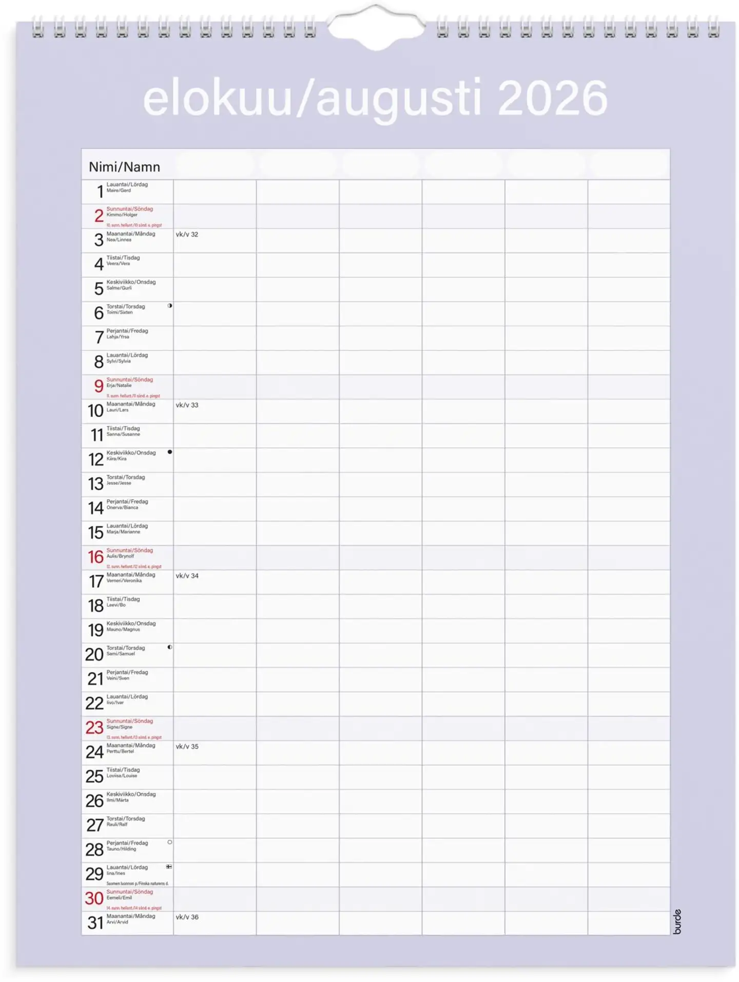 Burde Perhekalenteri 2026 Kätevä - 5