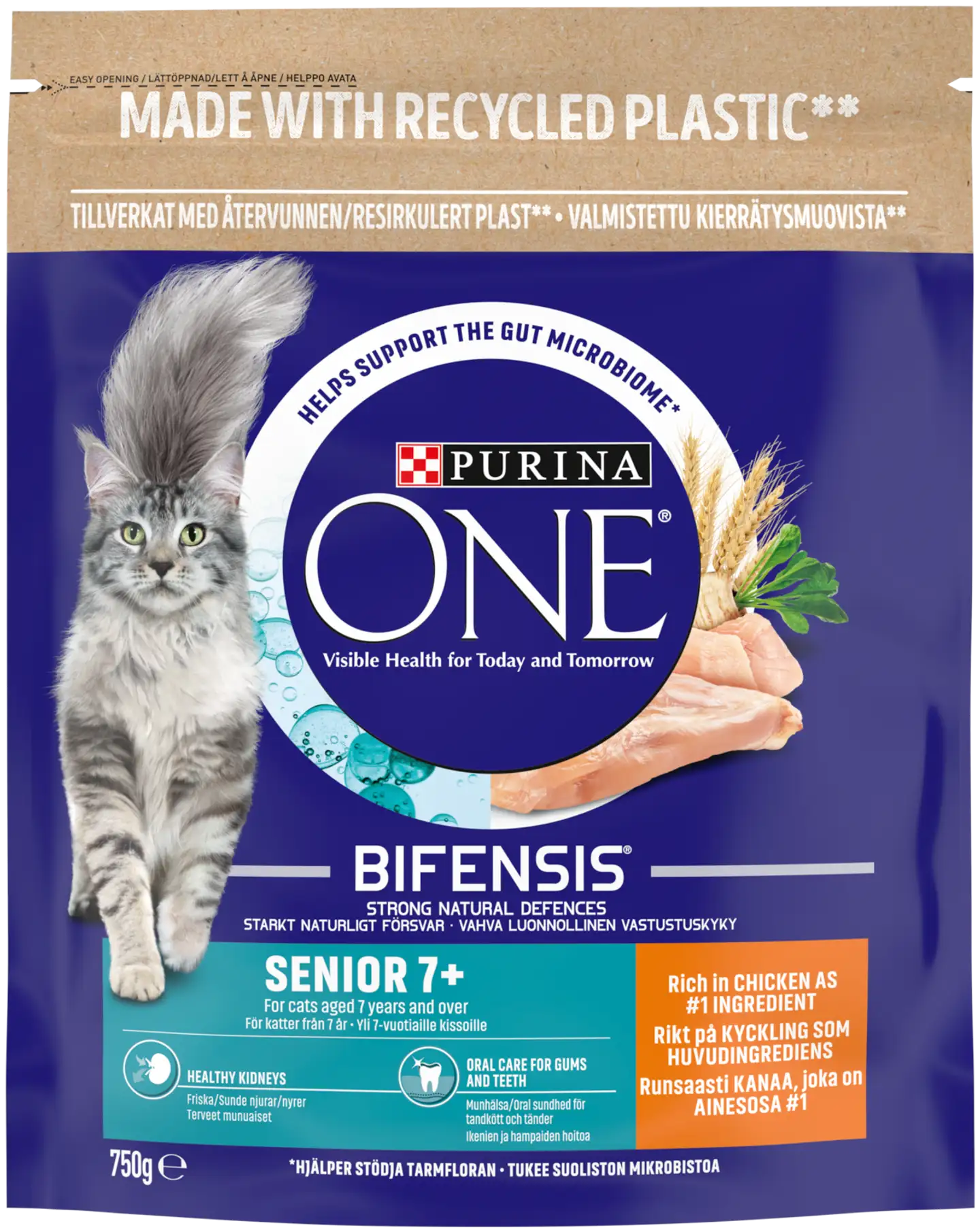 Purina One 750g senior 7+, sisältää runsaasti kanaa kissanruoka