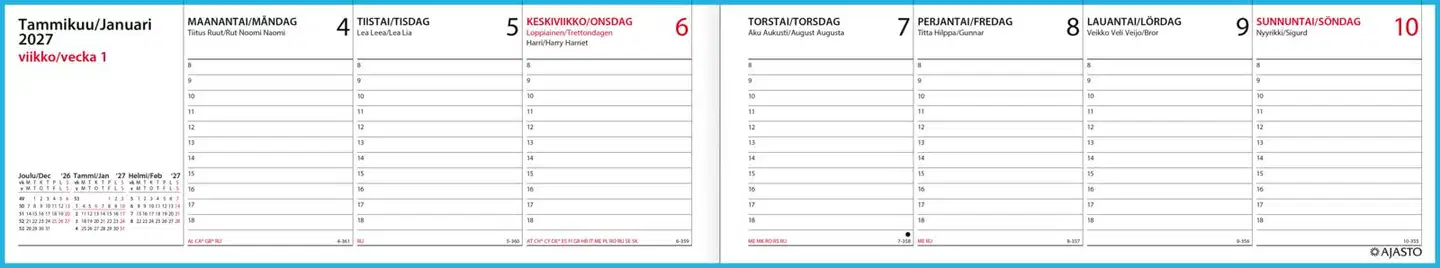 Ajasto pöytäkalenteri Memo-viikkomuistio, sininen - 2