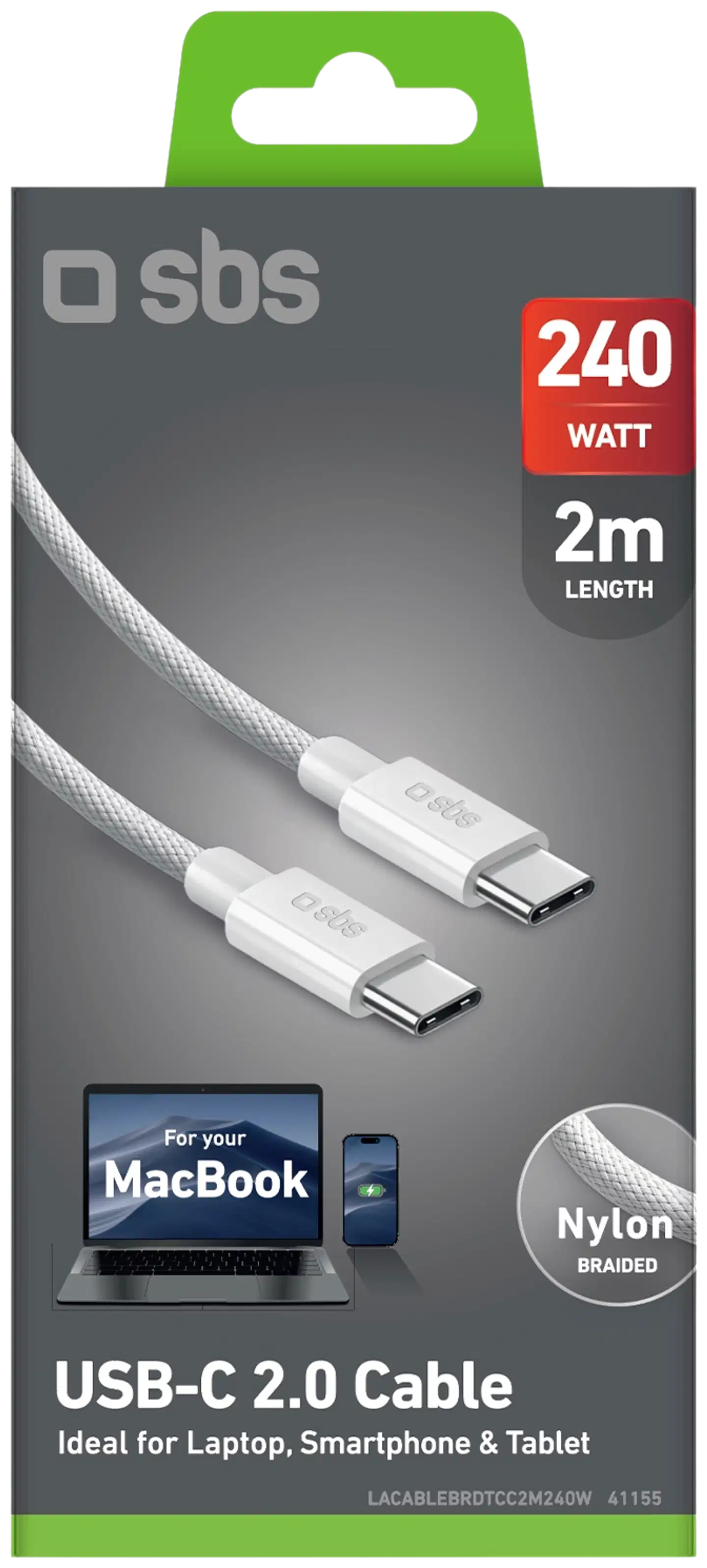 SBS Punottu USB‑C-kaapeli 240W, 2 m, valkoinen - 2