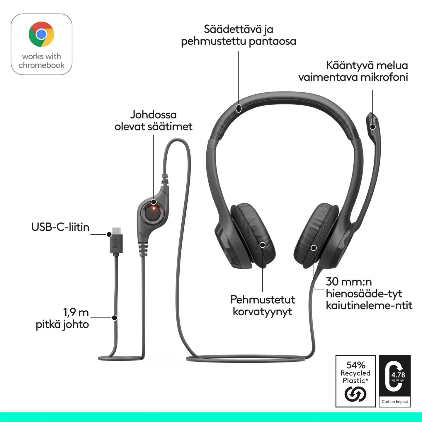 Logitech H390 USB-C headset musta - 9