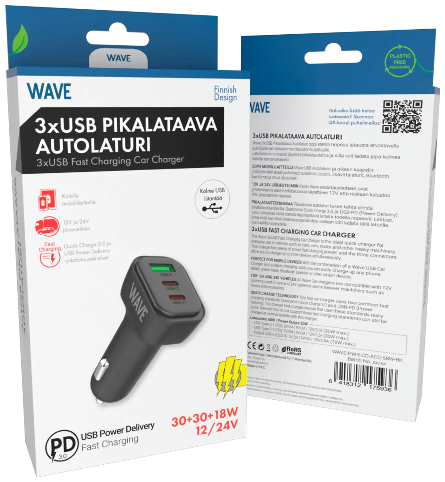 Wave 60W Pikalataava autolaturi, 2 x USB Type-C + 1 x USB-A, Musta - 2